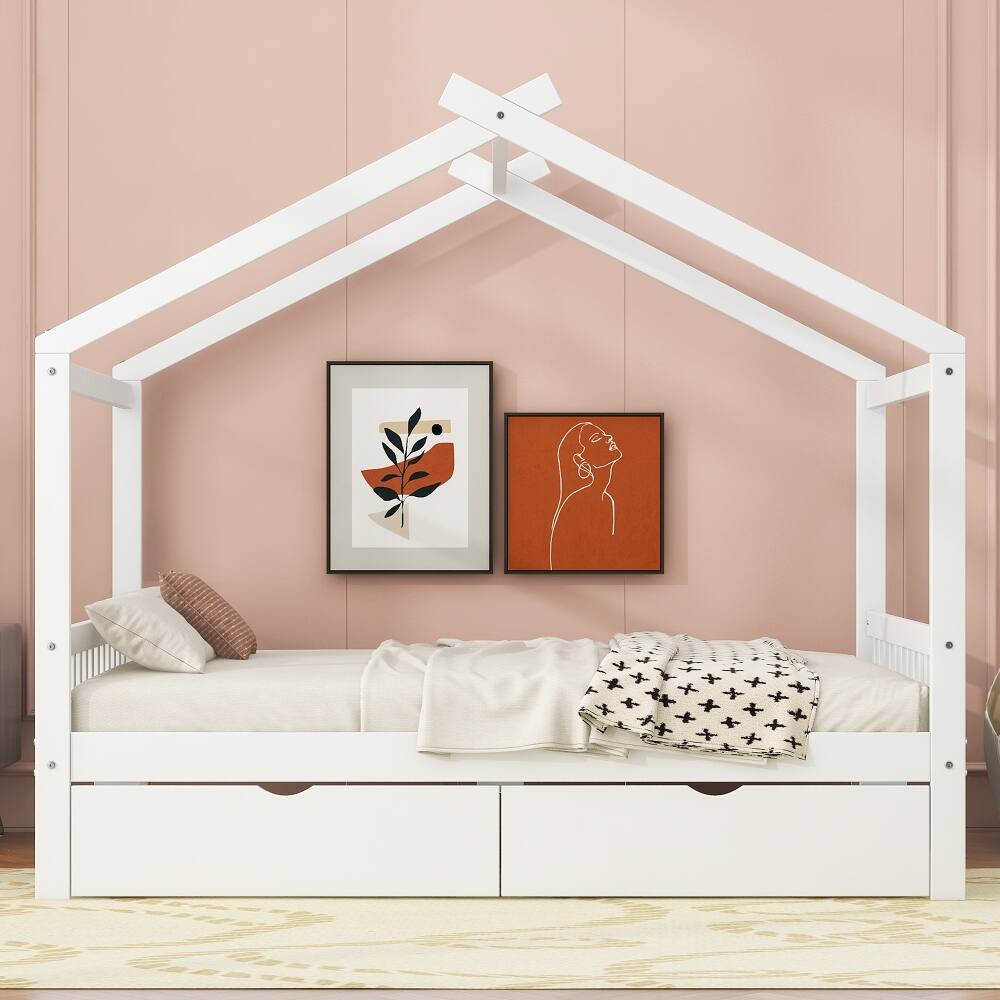 Angle. Loheer - Loheer Full Size House Platform Bed with Two Drawers, Roof Design White Bed Frame for Kids - White.