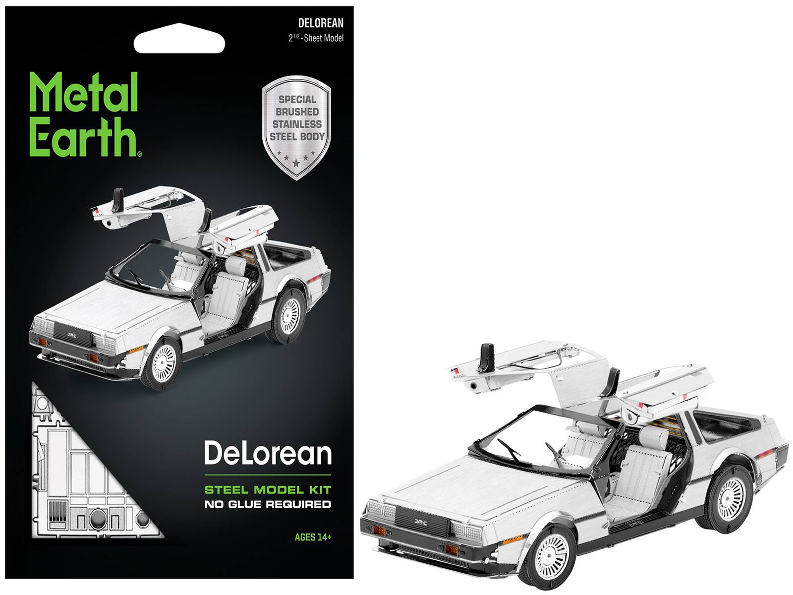 Model Kit DeLorean Brushed Metal (Moderate Difficulty) Steel Model by Metal Earth - Gray