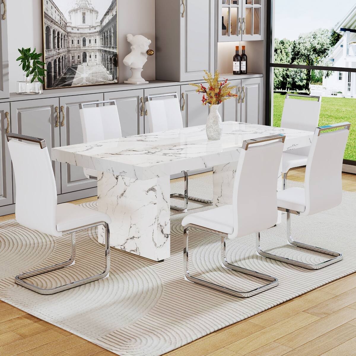Alt View 2. Loheer - Loheer White Marble Pattern MDF Dining Table for 8 to 10 People - White.