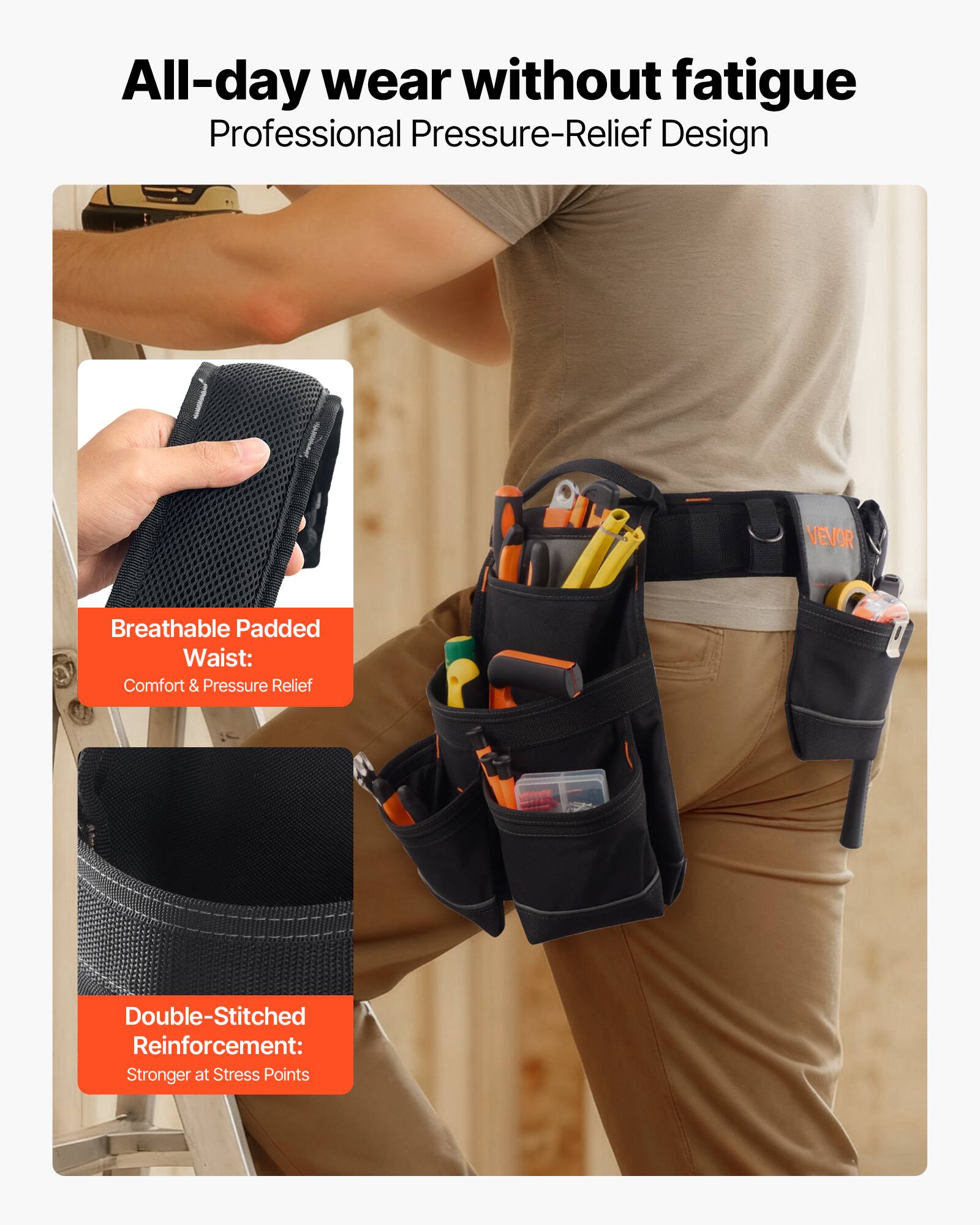 All-day wear without fatigue  
Professional Pressure-Relief Design  

Breathable Padded Waist:  
Comfort & Pressure Relief  

Double-Stitched Reinforcement:  
Stronger at Stress Points