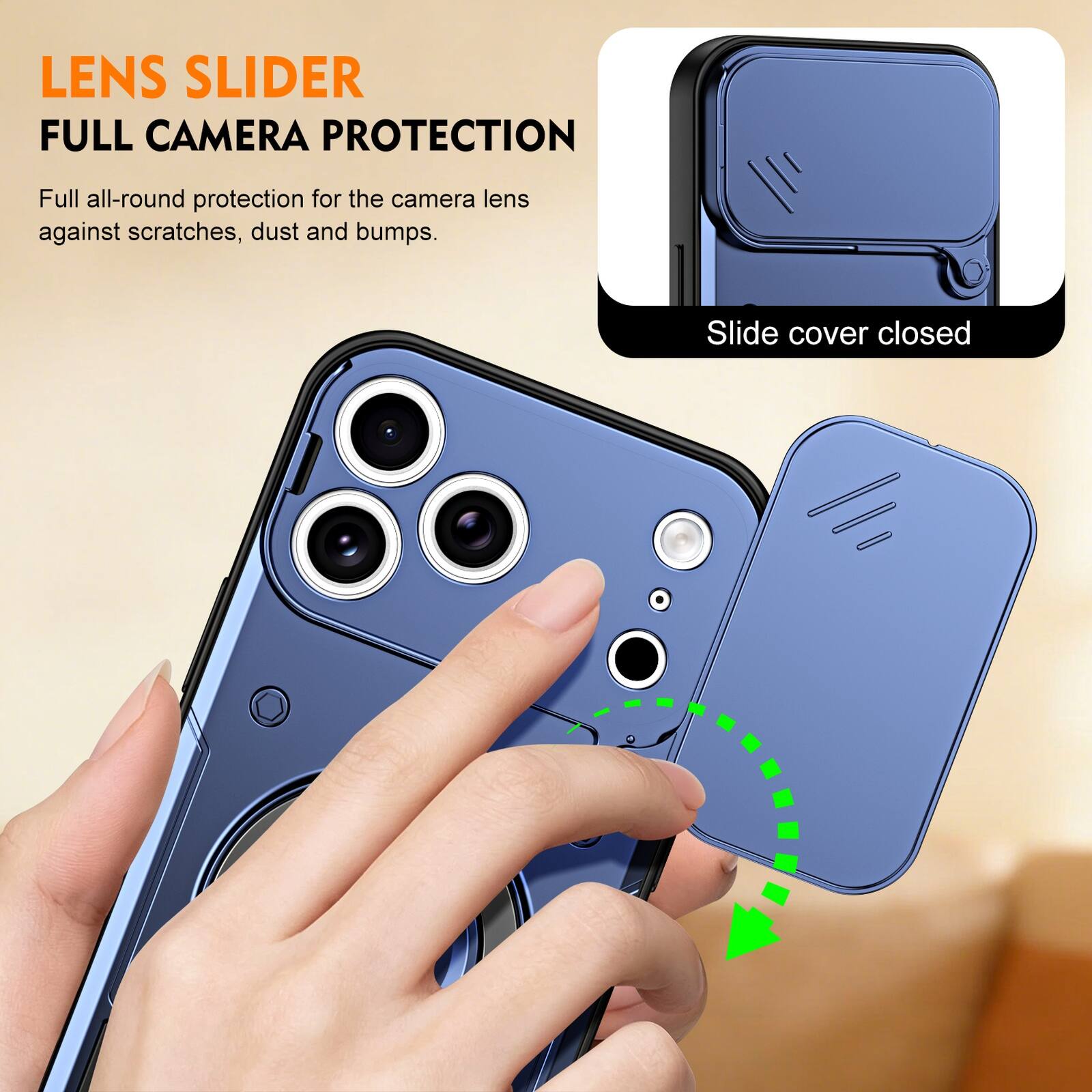 LENS SLIDER  
FULL CAMERA PROTECTION  

Full all-round protection for the camera lens against scratches, dust and bumps.  

Slide cover closed