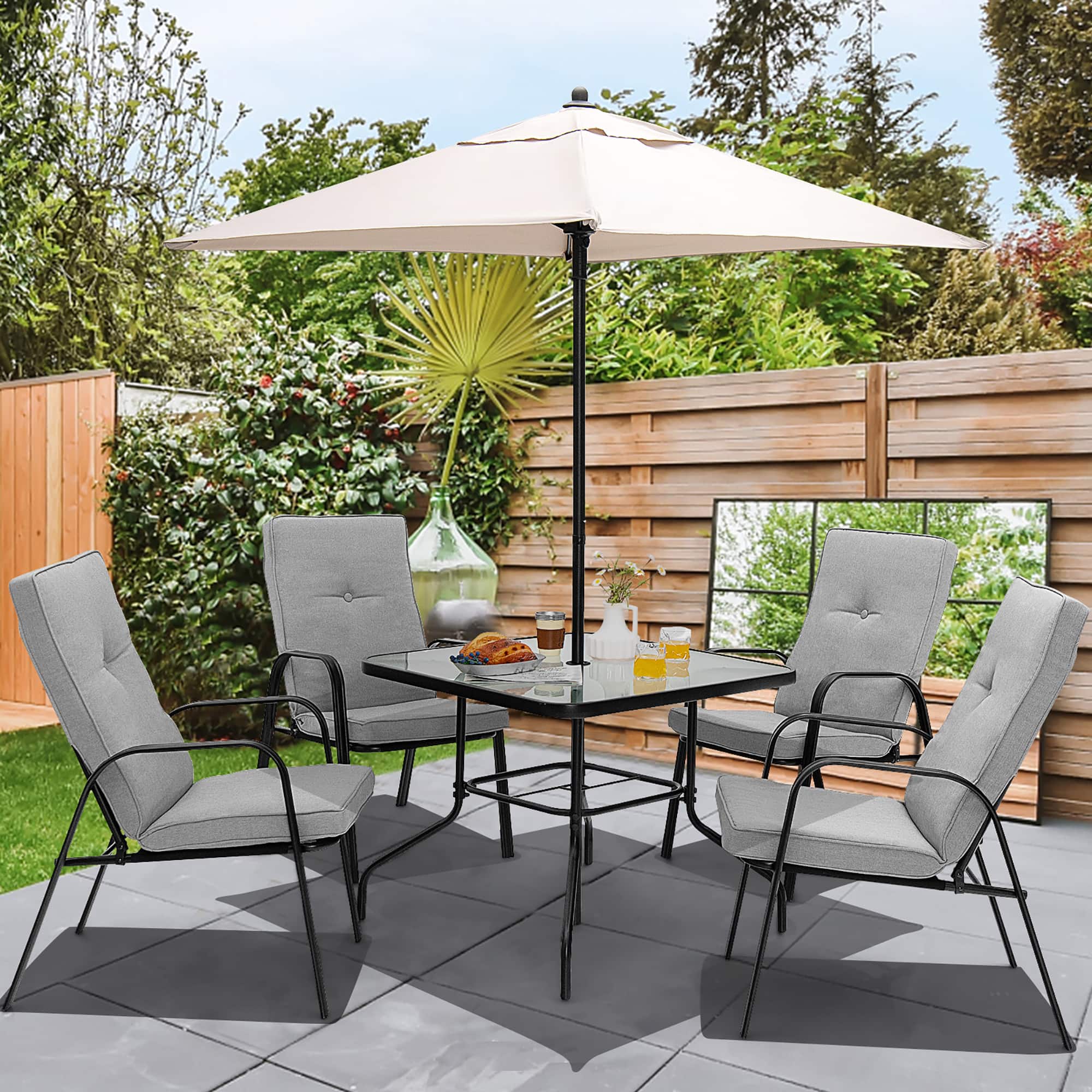 Gymax - 6PCS Outdoor Dining Set Patio Table & Chair Furniture Set w/ Cushions & Umbrella - Grey, Black, Beige price history on PriceWatchPro