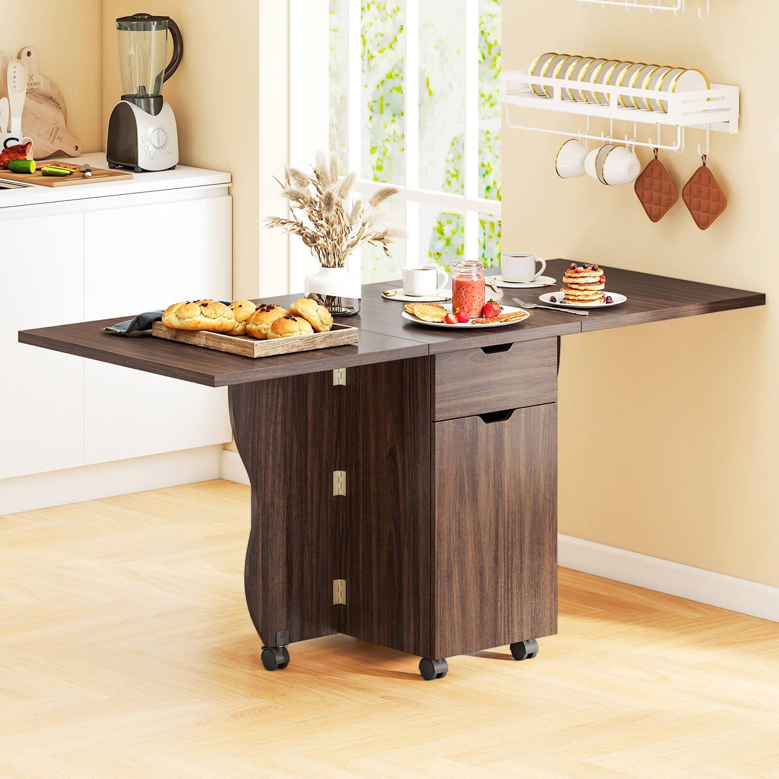 Alt View 5. Costway - Costway Folding Dining Table with Lockable Wheels, 2 Drawers & 2 Cabinets for Small Spaces - Walnut.