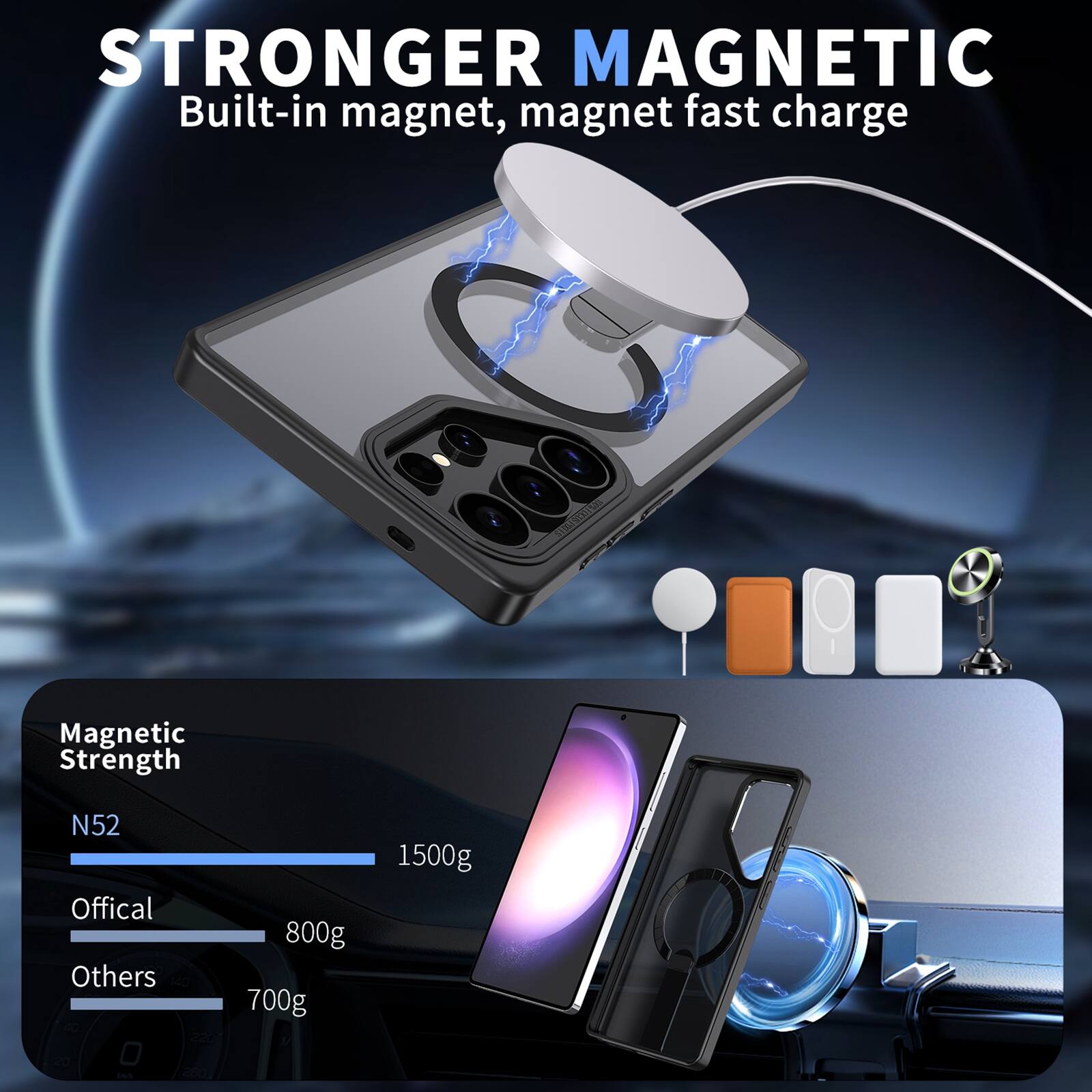 STRONGER MAGNETIC  
Built-in magnet, magnet fast charge

Magnetic Strength  
N52: 1500g  
Official: 800g  
Others: 700g
