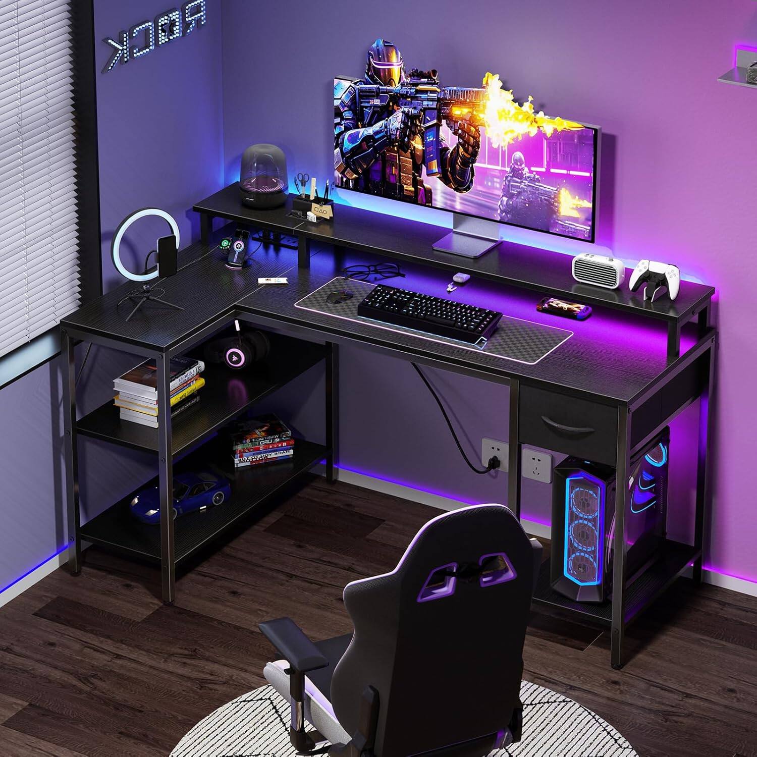 Alt View 4. Sweet - 53” Gaming Desk, Reversible L Shaped Computer Desk  with Power Outlets, LED Lights, Shelves and Drawer, Black - Black.