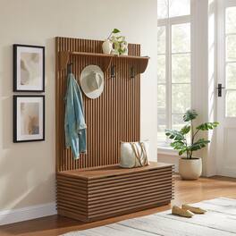 Render Fluted 3-in-1 Hall Tree With Storage Bench and Coat Rack by Modway - Walnut