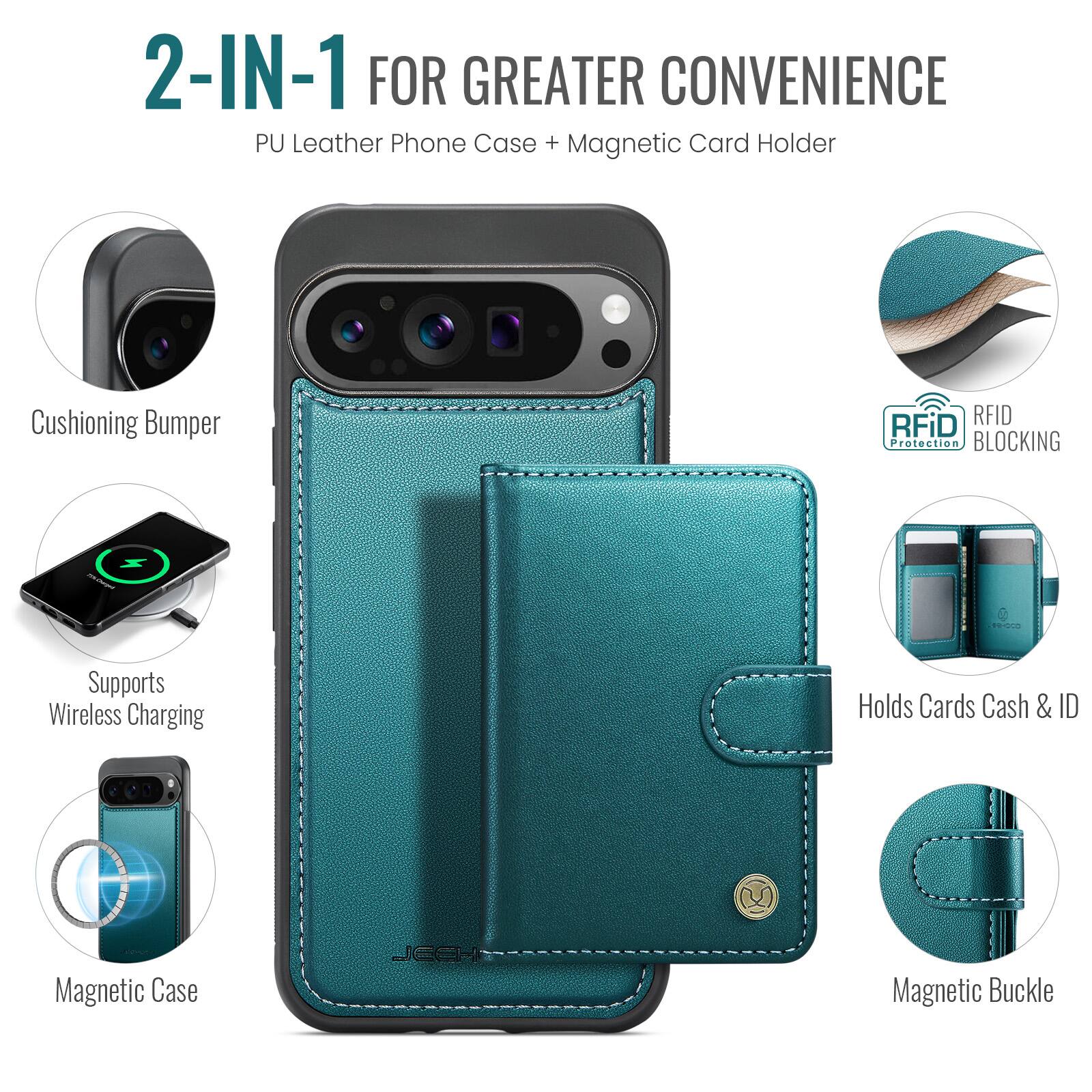 2-IN-1 FOR GREATER CONVENIENCE  
PU Leather Phone Case + Magnetic Card Holder  
Cushioning Bumper  
Supports Wireless Charging  
Holds Cards Cash & ID  
Magnetic Case  
Magnetic Buckle  
RFID Protection  
RFID BLOCKING
