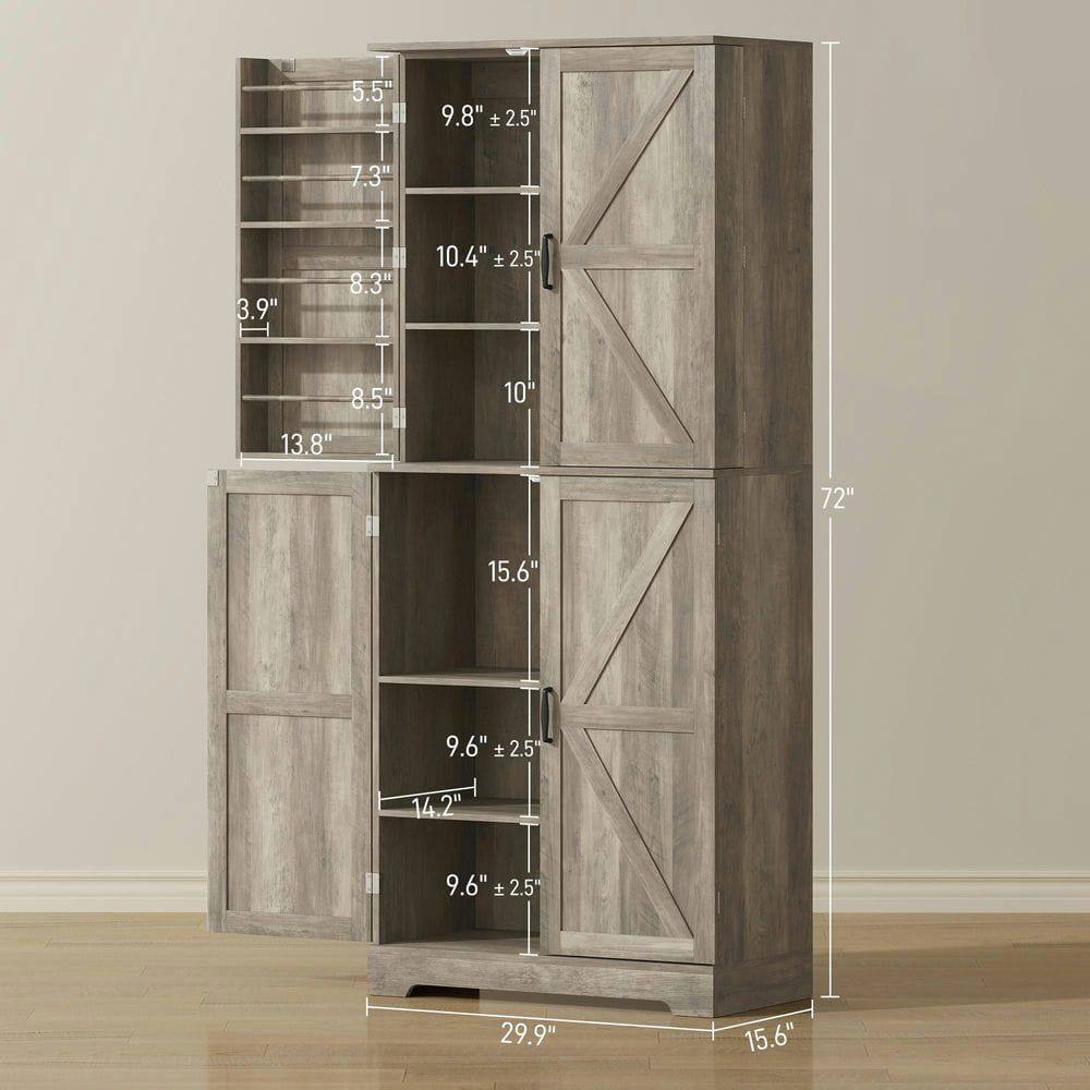 - Height: 72"
- Width: 29.9"
- Depth: 15.6"

Shelf Dimensions:
- Top Shelf: 5.5" x 9.8" ± 2.5"
- Second Shelf: 7.3" x 10.4" ± 2.5"
- Third Shelf: 3.9" x 8.3" x 10"
- Fourth Shelf: 8.5" x 13.8"
- Bottom Shelf: 14.2" x 9.6" ± 2.5"

Door Dimensions:
- Height: 15.6"
- Width: 9.6" ± 2.5"