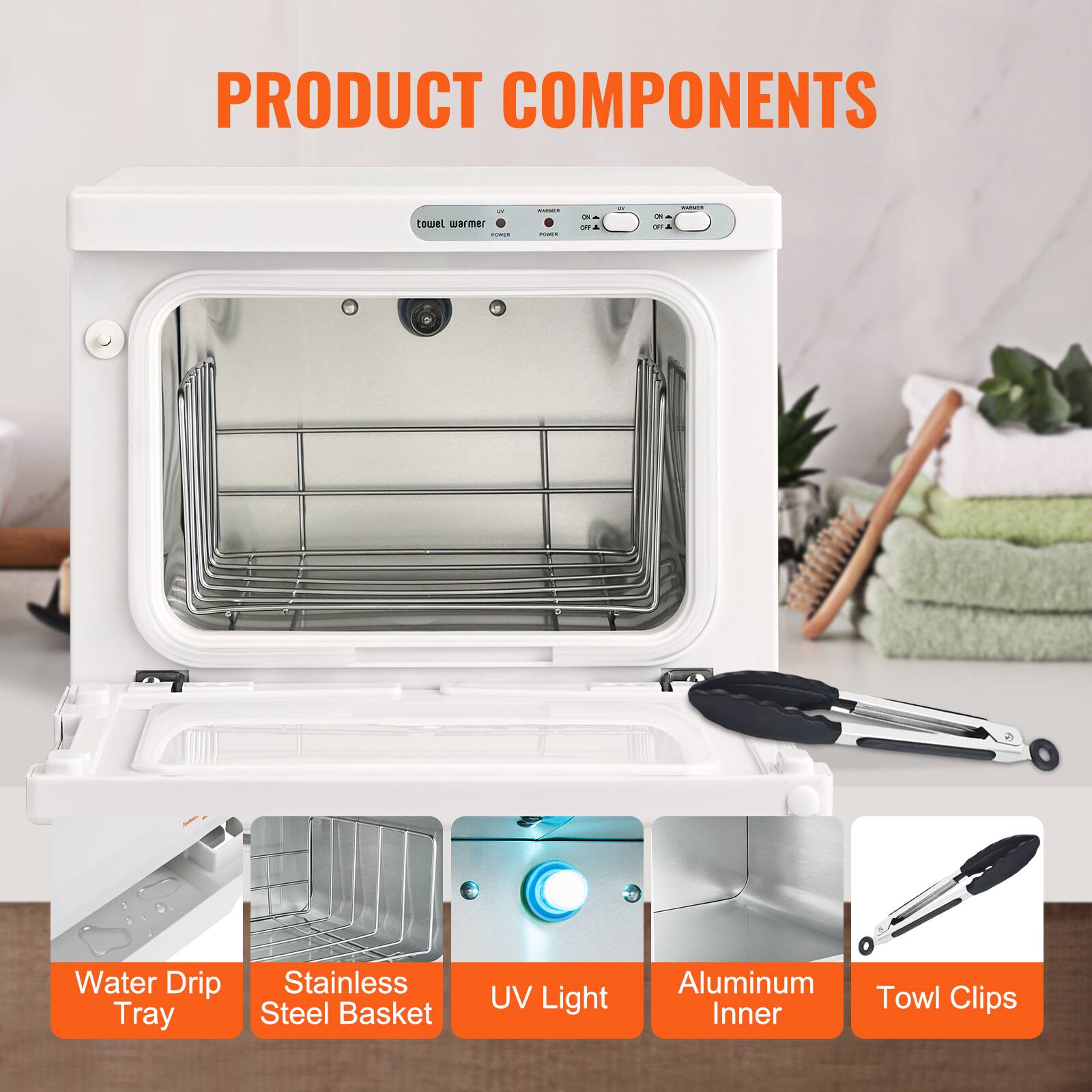 PRODUCT COMPONENTS

- Water Drip Tray
- Stainless Steel Basket
- UV Light
- Aluminum Inner
- Towel Clips