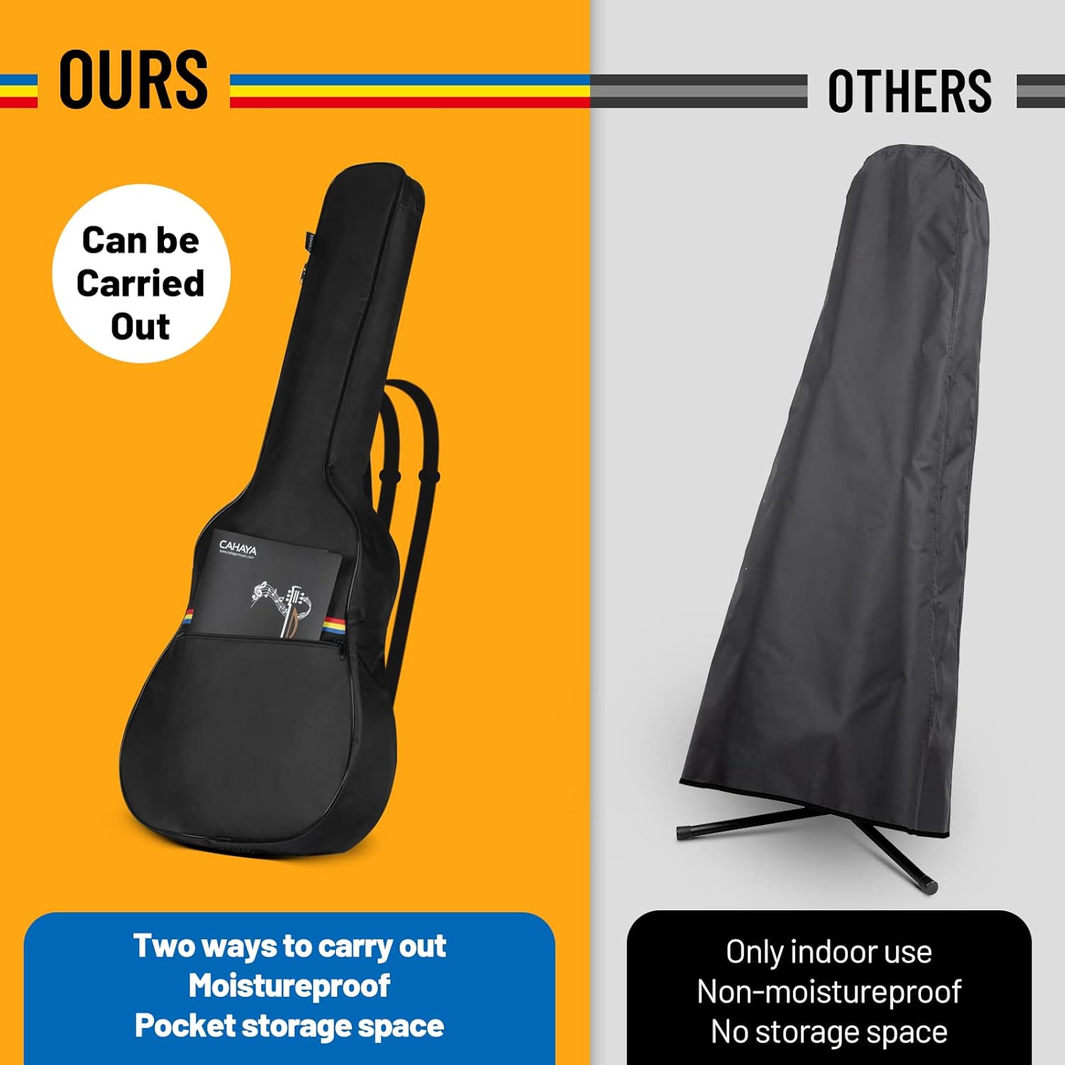 **OURS**

- Can be Carried Out
- Two ways to carry out
- Moistureproof
- Pocket storage space

**OTHERS**

- Only indoor use
- Non-moistureproof
- No storage space