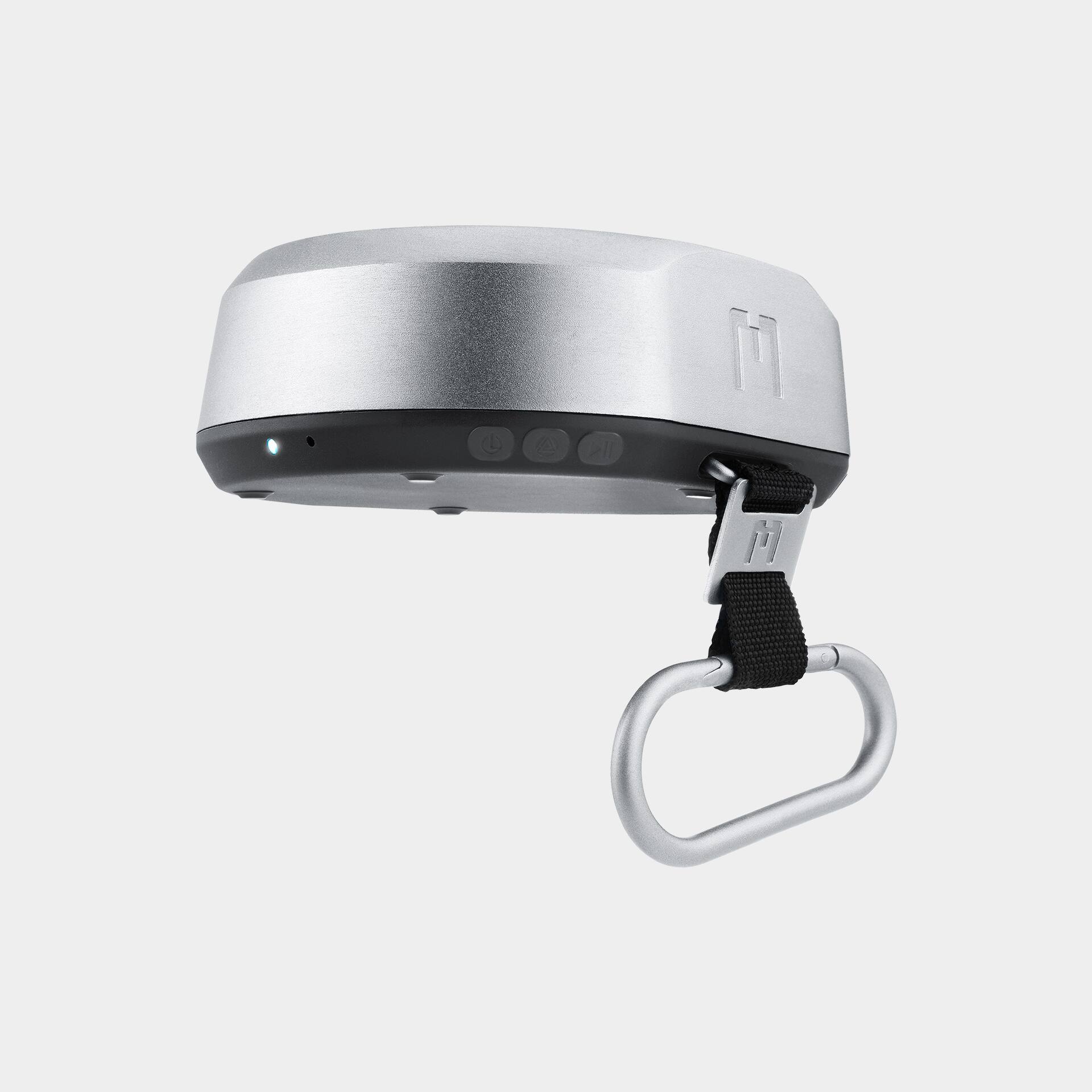 Left. MONDO - Small Portable Bluetooth Speaker, 25W, Hi-Fi Sound, 8–10 Hour Battery - Metal grey.