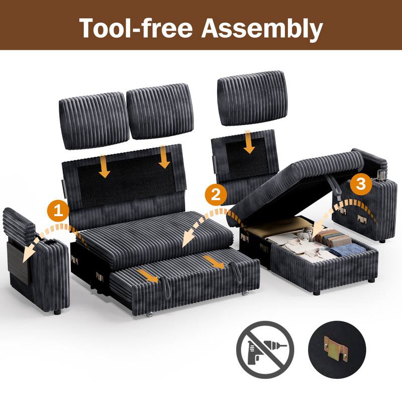 Tool-free Assembly

1. Place the base.
2. Attach the sides.
3. Add the top.