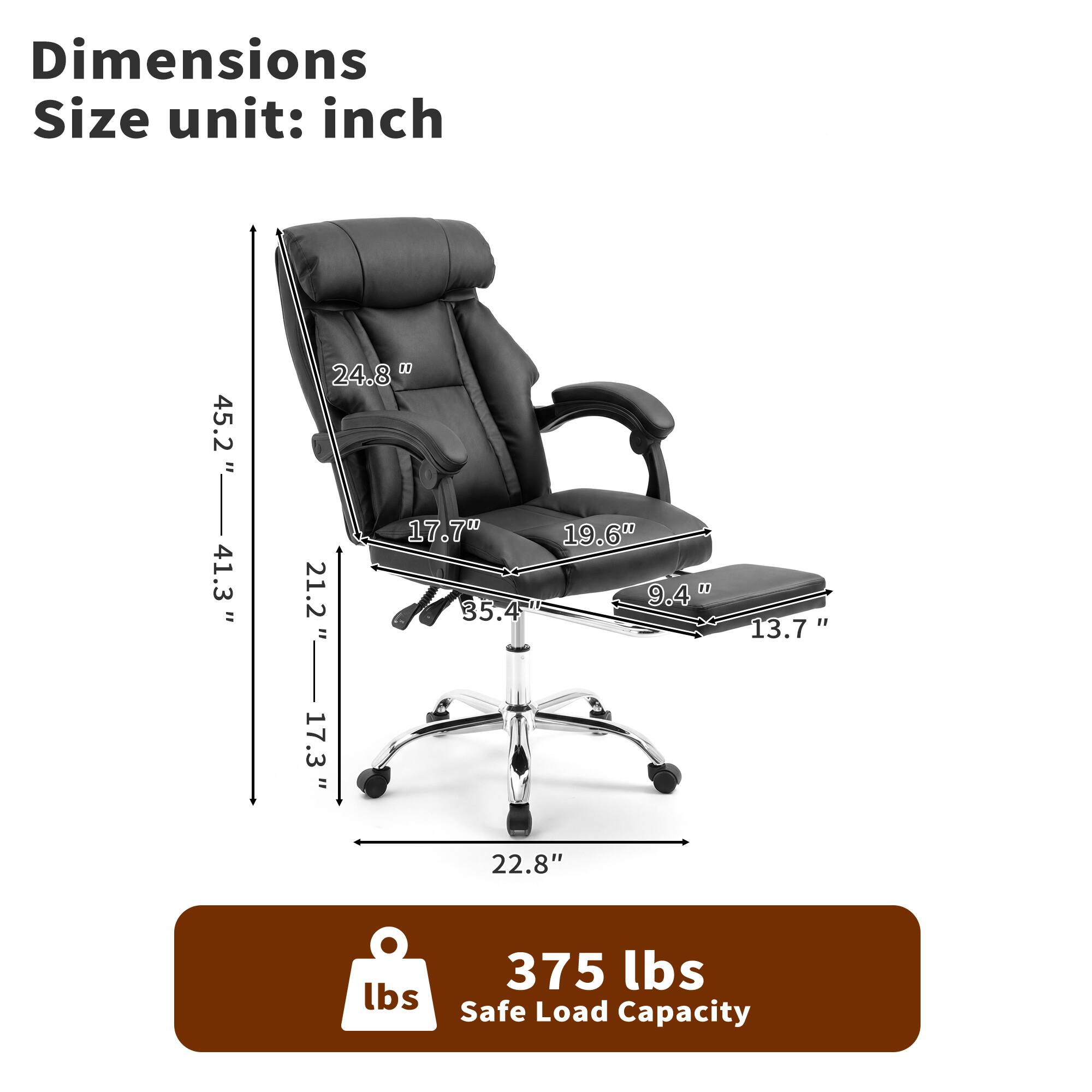 Dimensions  
Size unit: inch  

45.2"  
41.3"  
24.8"  
17.7"  
19.6"  
21.2"  
35.4"  
9.4"  
13.7"  
17.3"  
22.8"  

375 lbs  
Safe Load Capacity