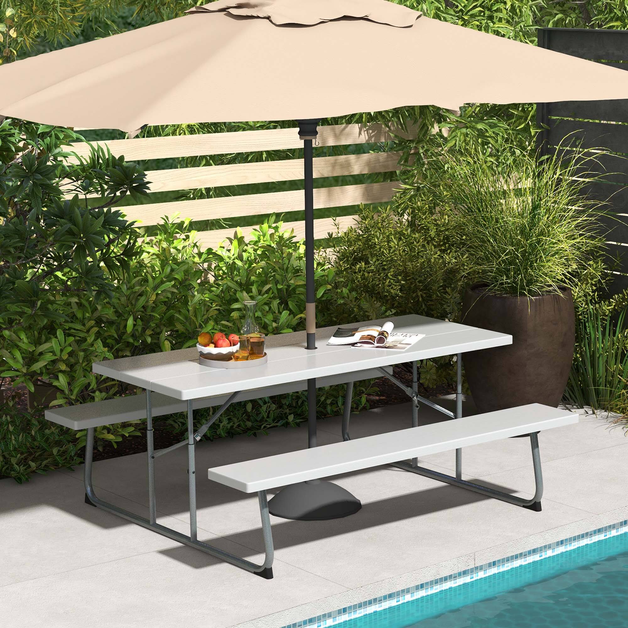 Alt View 1. Costway - Costway Folding Picnic Table with 2 Benches All Weather Wood-like Tabletop Umbrella Hole - Grey.