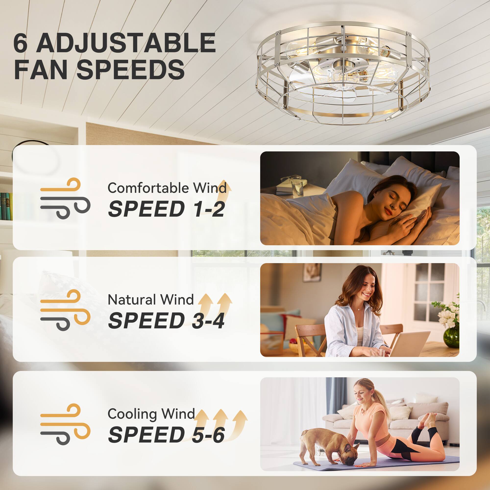 6 Adjustable Fan Speeds

Comfortable Wind Speed 1-2

Natural Wind Speed 3-4

Cooling Wind Speed 5-6