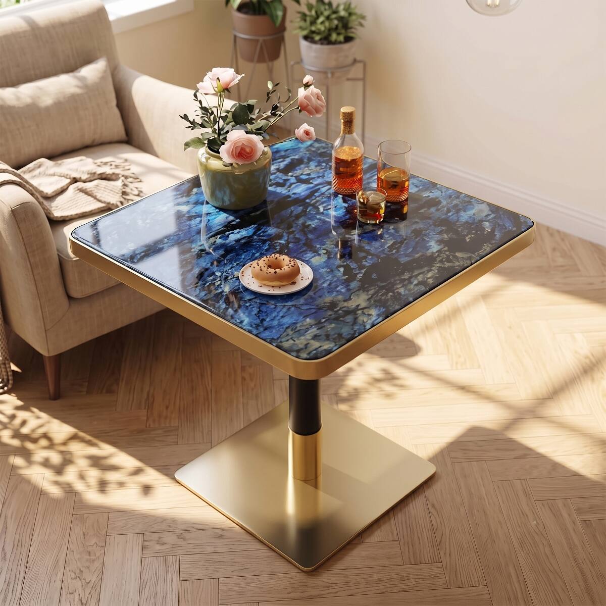 Alt View 9. Loheer - Loheer Small Square Dining Table, Blue Agate Marble Look Top with Gold Edge, 23.7-Inch Bistro Table - Black, Blue, Gold.