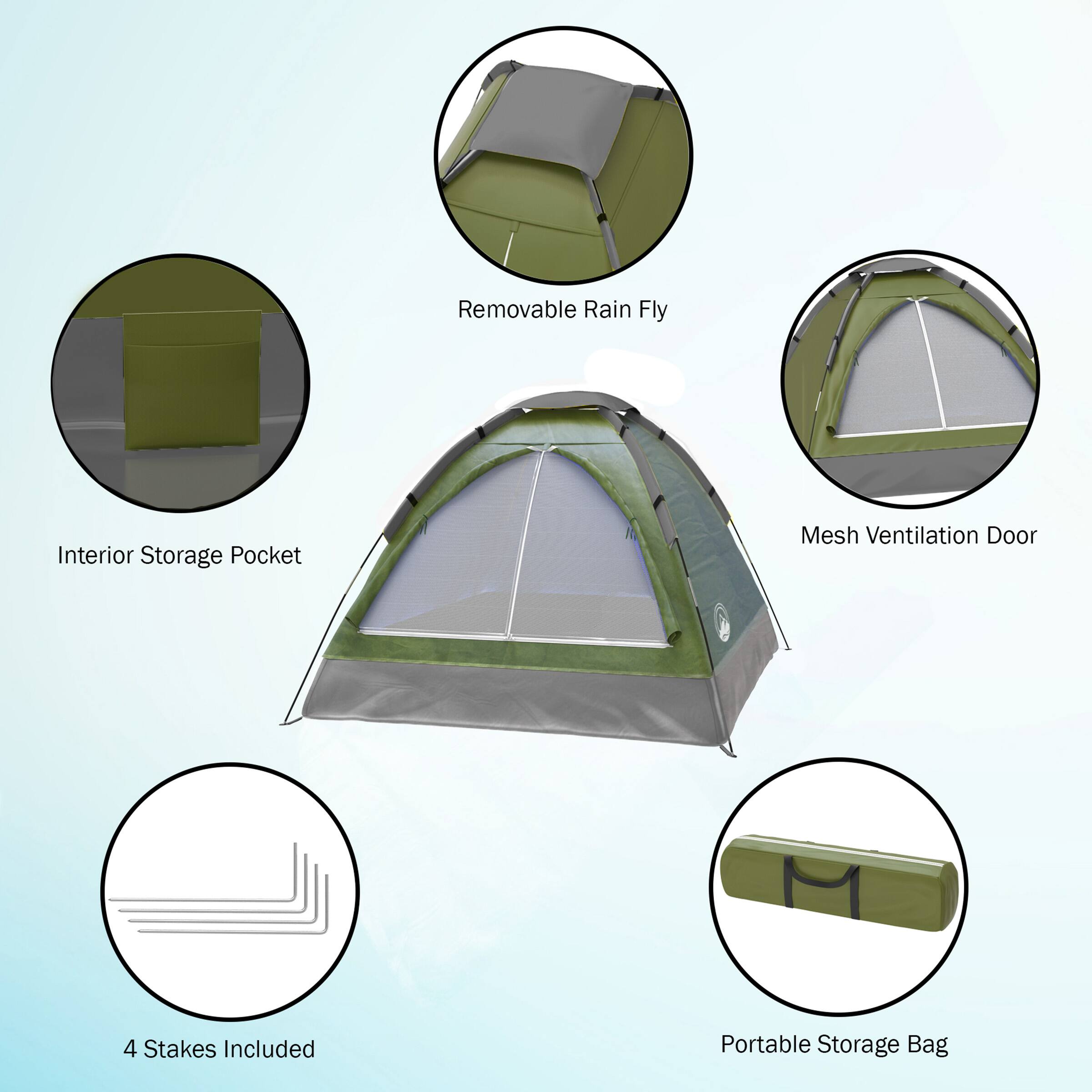 Removable Rain Fly, Interior Storage Pocket, Mesh Ventilation Door, 4 Stakes Included, Portable Storage Bag