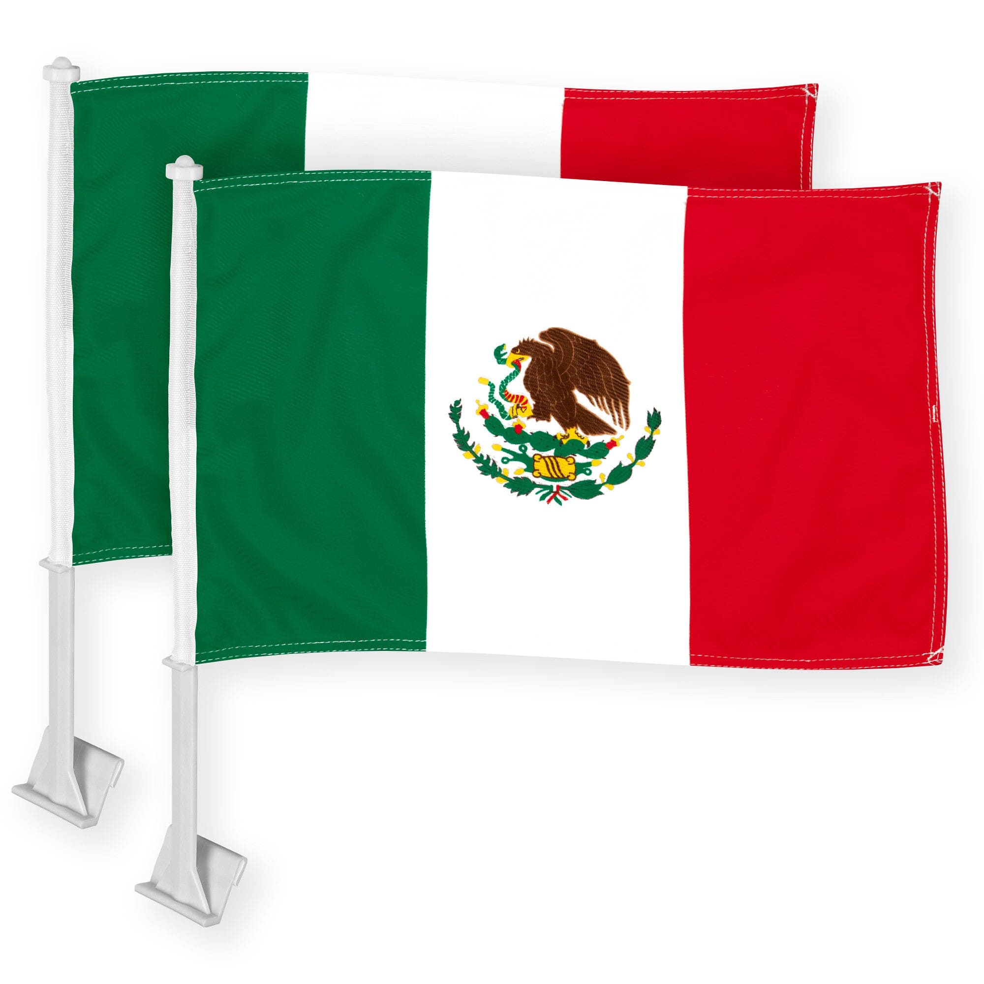 G128 - 2-Pack Mexican Car Flags with Poles - 11 x 17 in, Double-Sided 150D Polyester - Assorted Colors