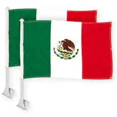 Front. G128 - 2-Pack Mexican Car Flags with Poles - 11 x 17 in, Double-Sided 150D Polyester. - Assorted Colors.