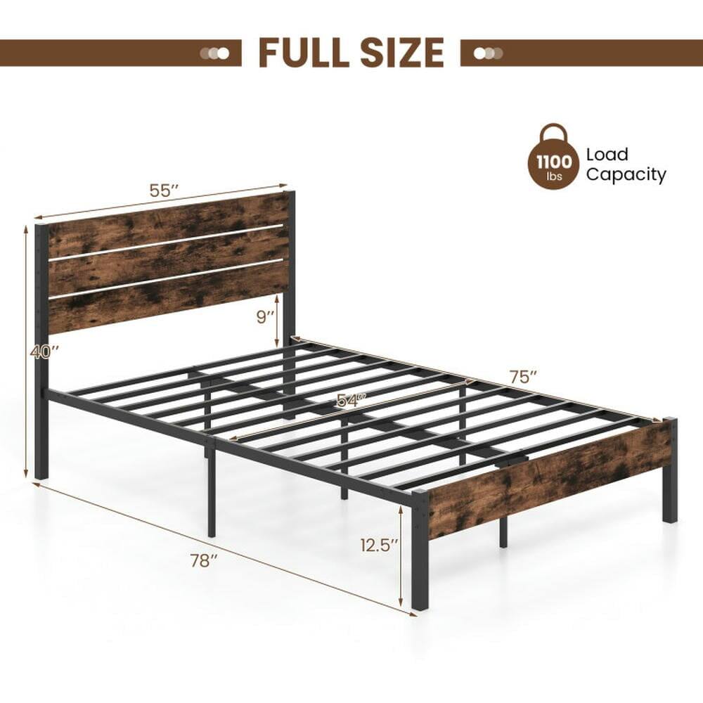 FULL SIZE  
Load Capacity: 1100 lbs  
Dimensions:  
- Length: 78"  
- Width: 55"  
- Height: 12.5"  
- Headboard Height: 9"  
- Footboard Height: 5.4"  
- Slats: 40" x 54" x 75"