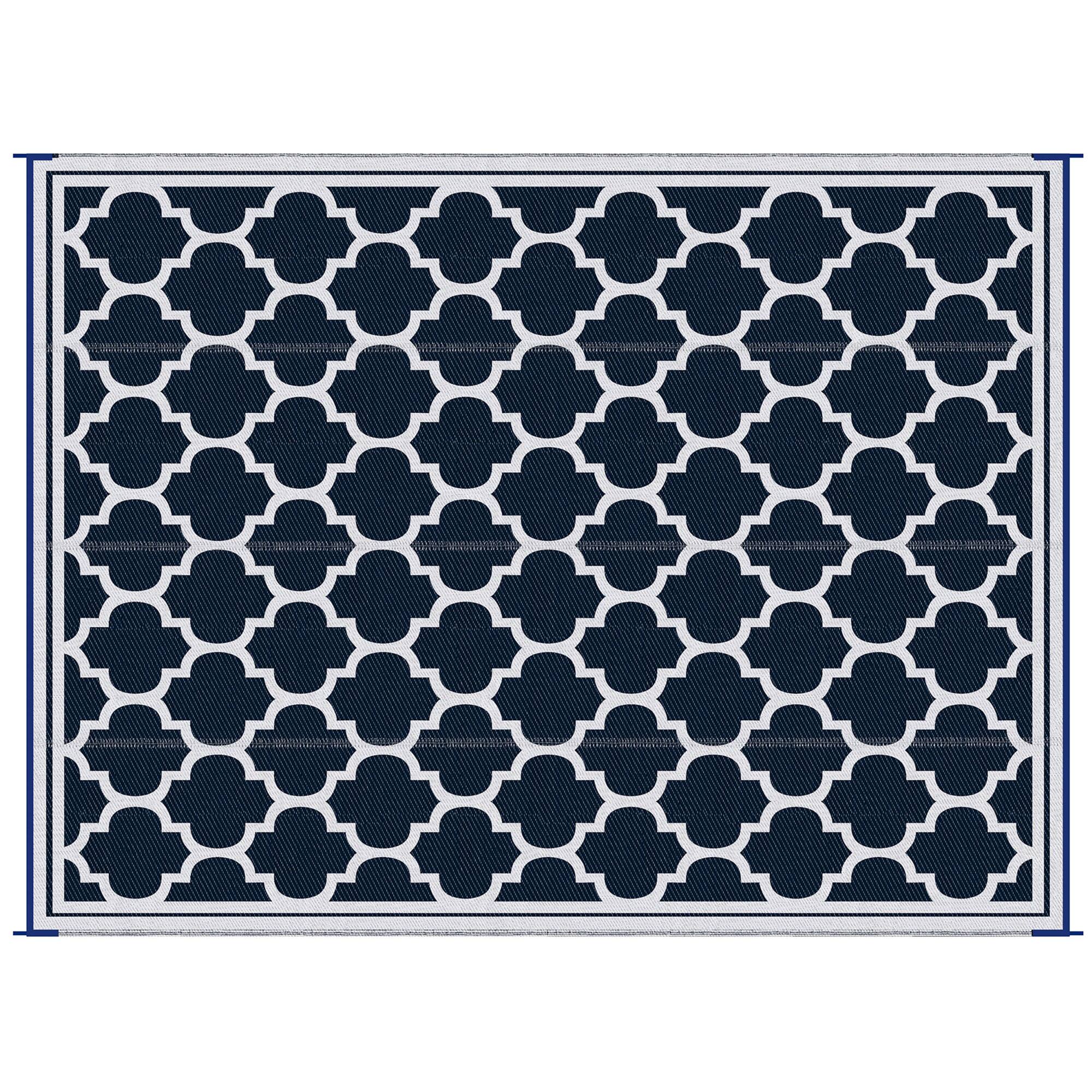Front. Outsunny - Reversible Outdoor Rug, 9' x 12' Waterproof Plastic Straw Floor Mat, Portable RV Camping Carpet, Large Floor Mat - Dark Blue, White.