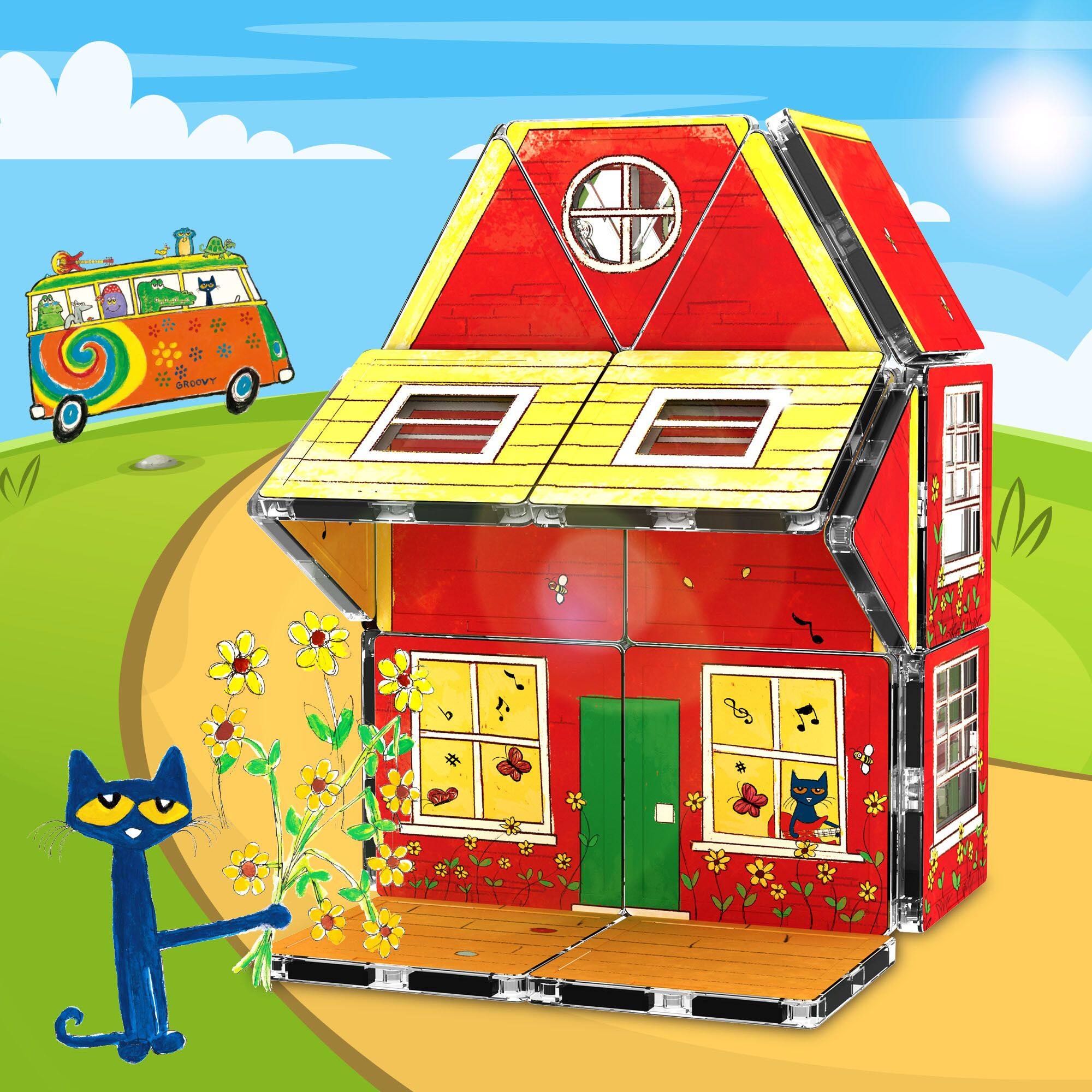 Alt View 3. PicassoTiles - PICASSO-TILES 24 PC Pete The Cat Magnetic Tile House Set Magnetic Tiles, Building Blocks, STEM Toys for Kids 3+.