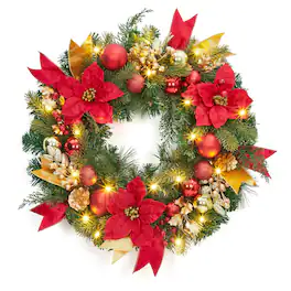 Acekool - 24 Inch Christmas Wreath with Lights Pre-Lit Xmas Wreath for Front Door Windows Wall Mantel Decoration and Gold - Red