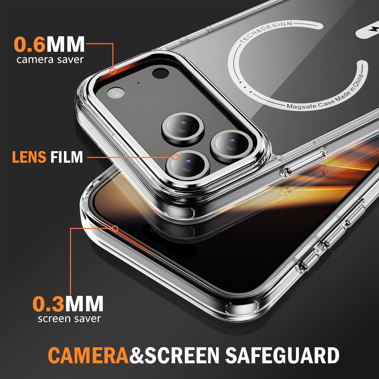 0.6MM camera saver  
TECH&DESIGN in China Case Made Magsafe  
LENS FILM  
0.3MM screen saver  
CAMERA&SCREEN SAFEGUARD