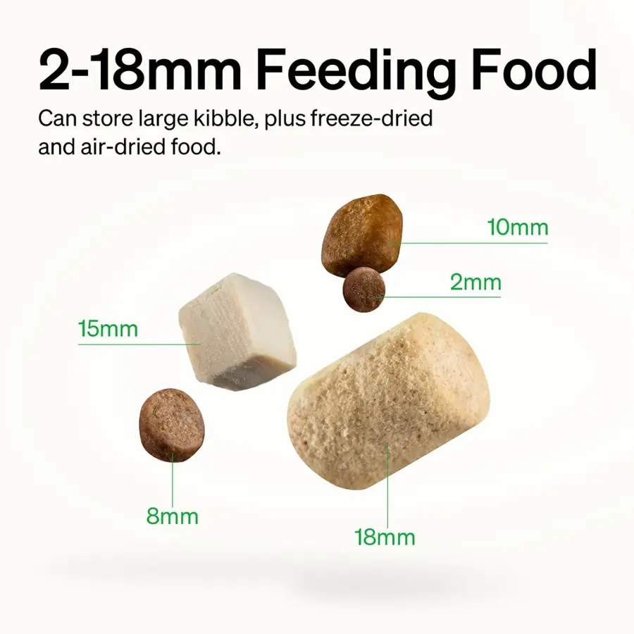 The text on the image reads: "2-18mm Feeding Food Can store large kibble, plus freeze-dried and air-dried food. 10mm 2mm 15mm 8mm 18mm."