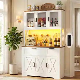 Aheaplus - 71'' Tall Pantry Cabinet, 39.4'' Wide Pantry with 2 Drawers, Charging Station, and LED Lights - White & Rustic