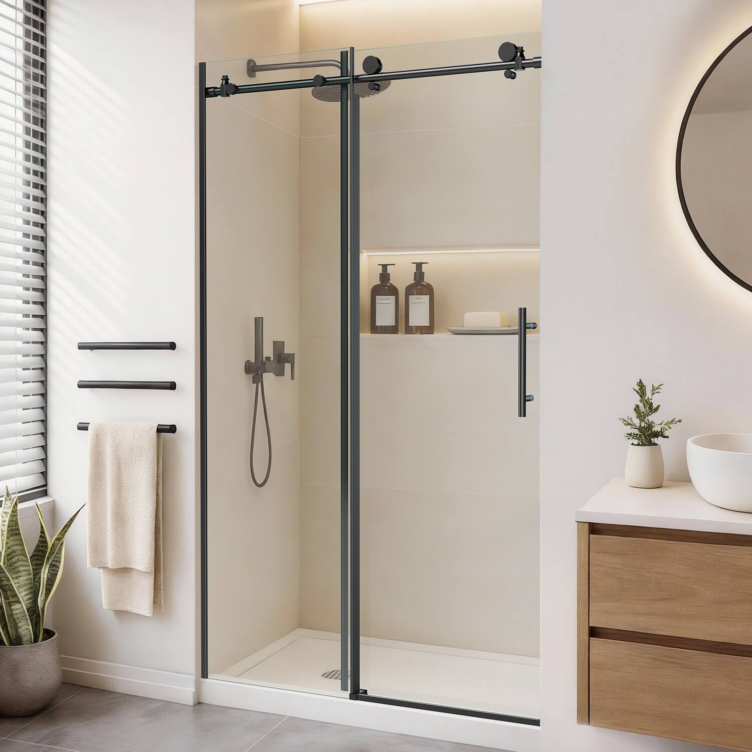 Angle. Koligey - 44-48" W x 76 "H Semi-Frameless Sliding Shower Door-10 mmTempered Glass,Stainless Steel Anti-Rust Hardware - black.