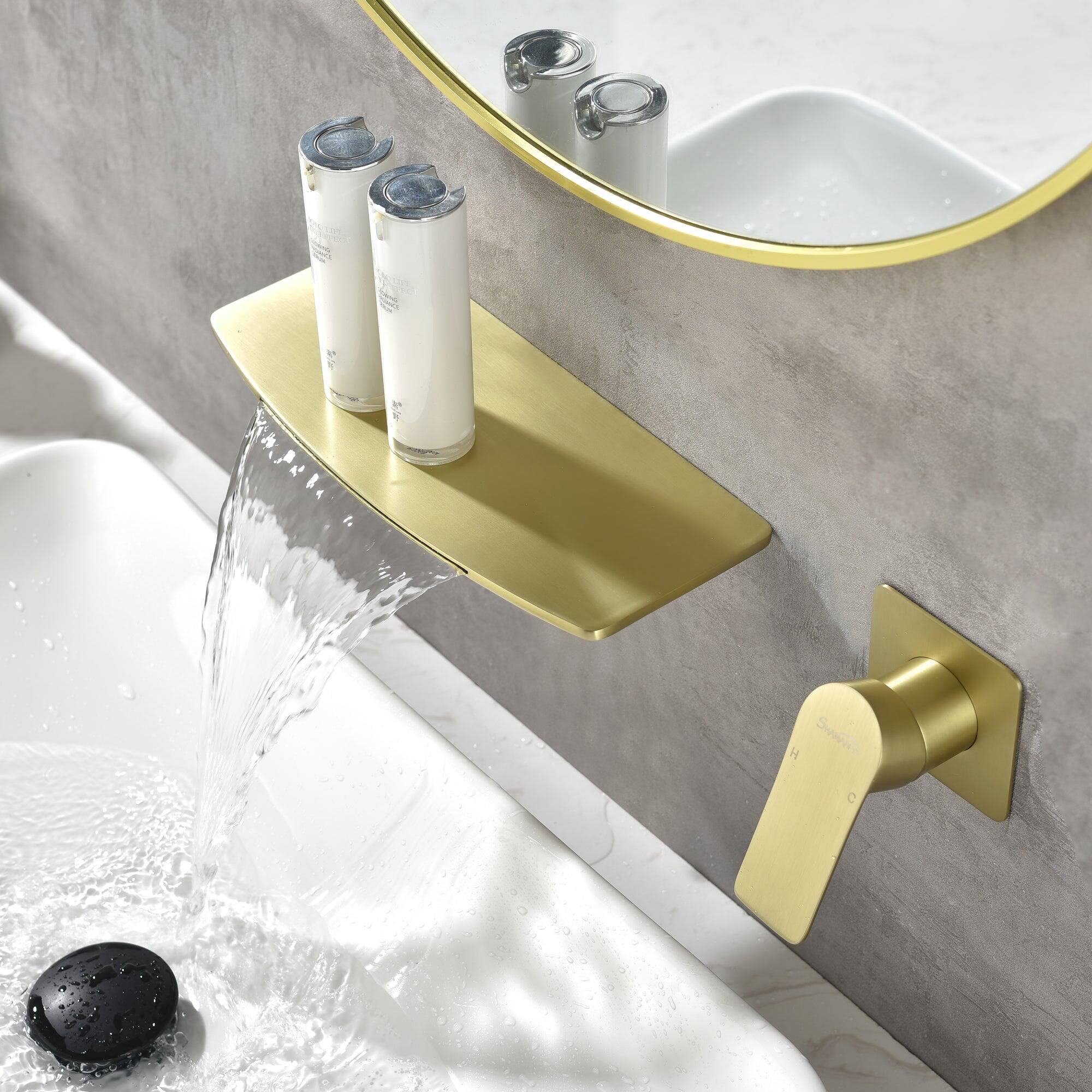 Back. Boyel Living - Modern Waterfall Single Handle Wall Mounted Faucet (Use at Basin or Bathtub) with Rough-in Valve - Brushed Gold.