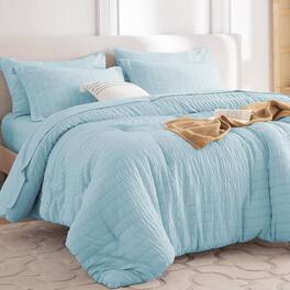 Dazzed Corner - Seersucker 5/7 Pieces Bed in a Bag Comforter Set with Sheets, Pillowcases & Shams - Lake Blue
