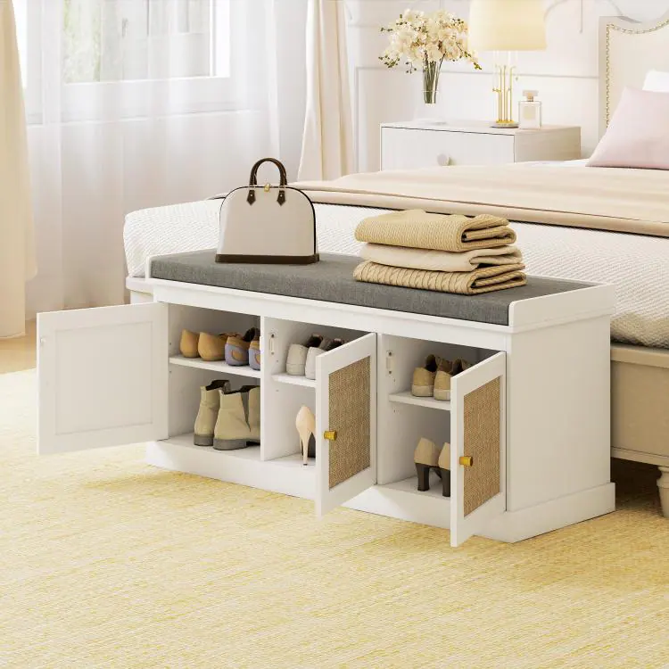 White Entry Bench PULUZ Shoe Storage Bench with Woven Rattan Doors, Shoe Bench with ...
