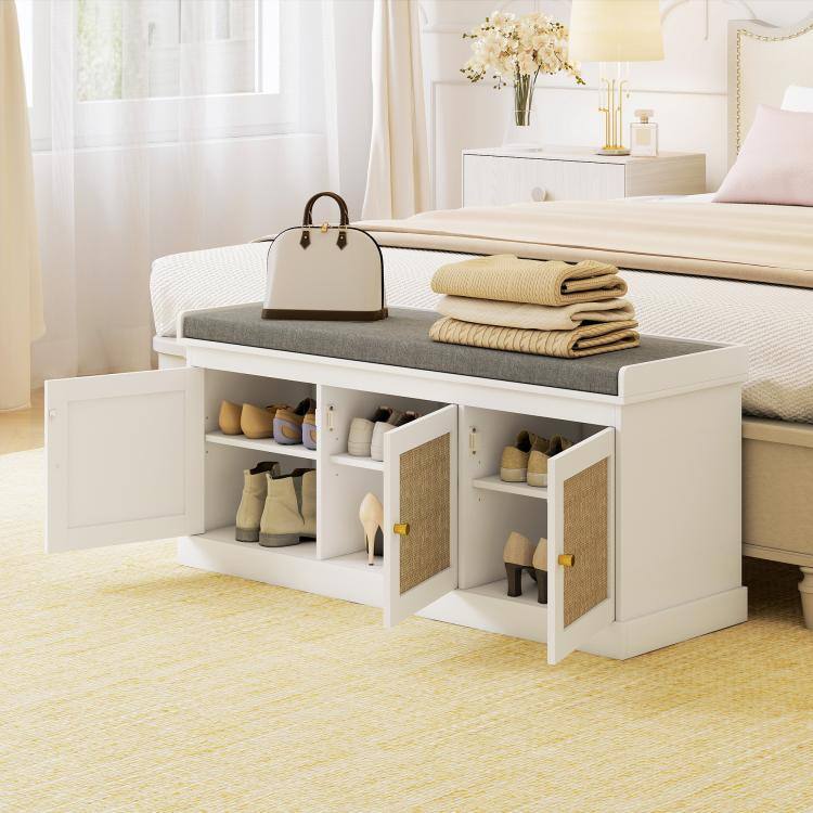 Alt View 9. PULUZ - Shoe Storage Bench with Woven Rattan Doors, Shoe Bench with Cushion, Adjustable Shelves, Entryway Bench - White.