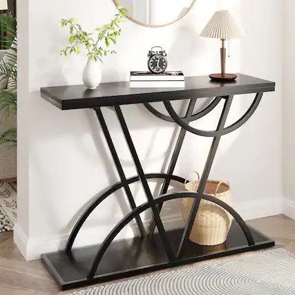 Front. Anysun - 43" Industrial Console Table with Storage Shelf - Narrow Wood & Metal Sofa Table for Living Room, Hallway & Foyer. - Black.