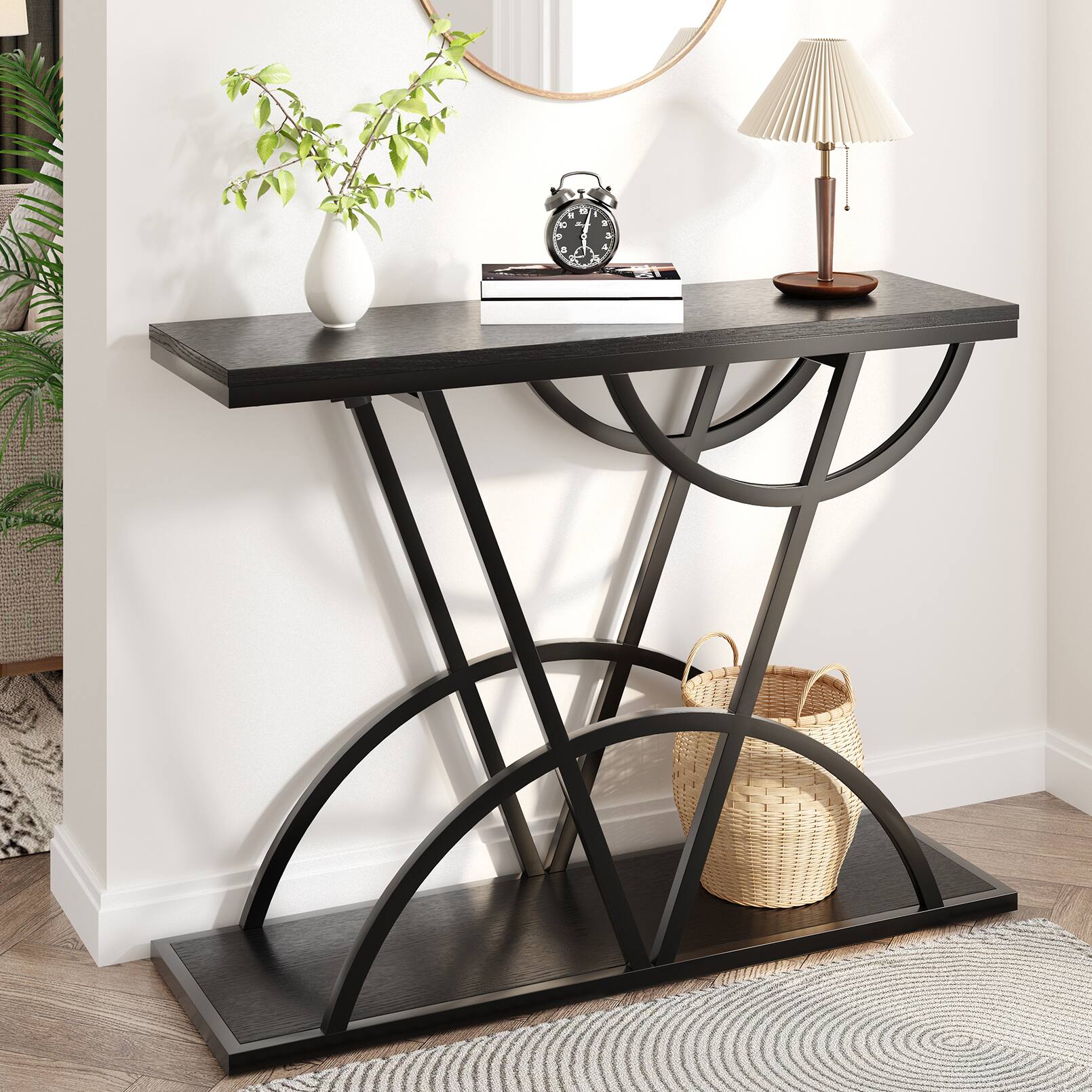 Front. Anysun - 43" Industrial Console Table with Storage Shelf - Narrow Wood & Metal Sofa Table for Living Room, Hallway & Foyer. - Black.