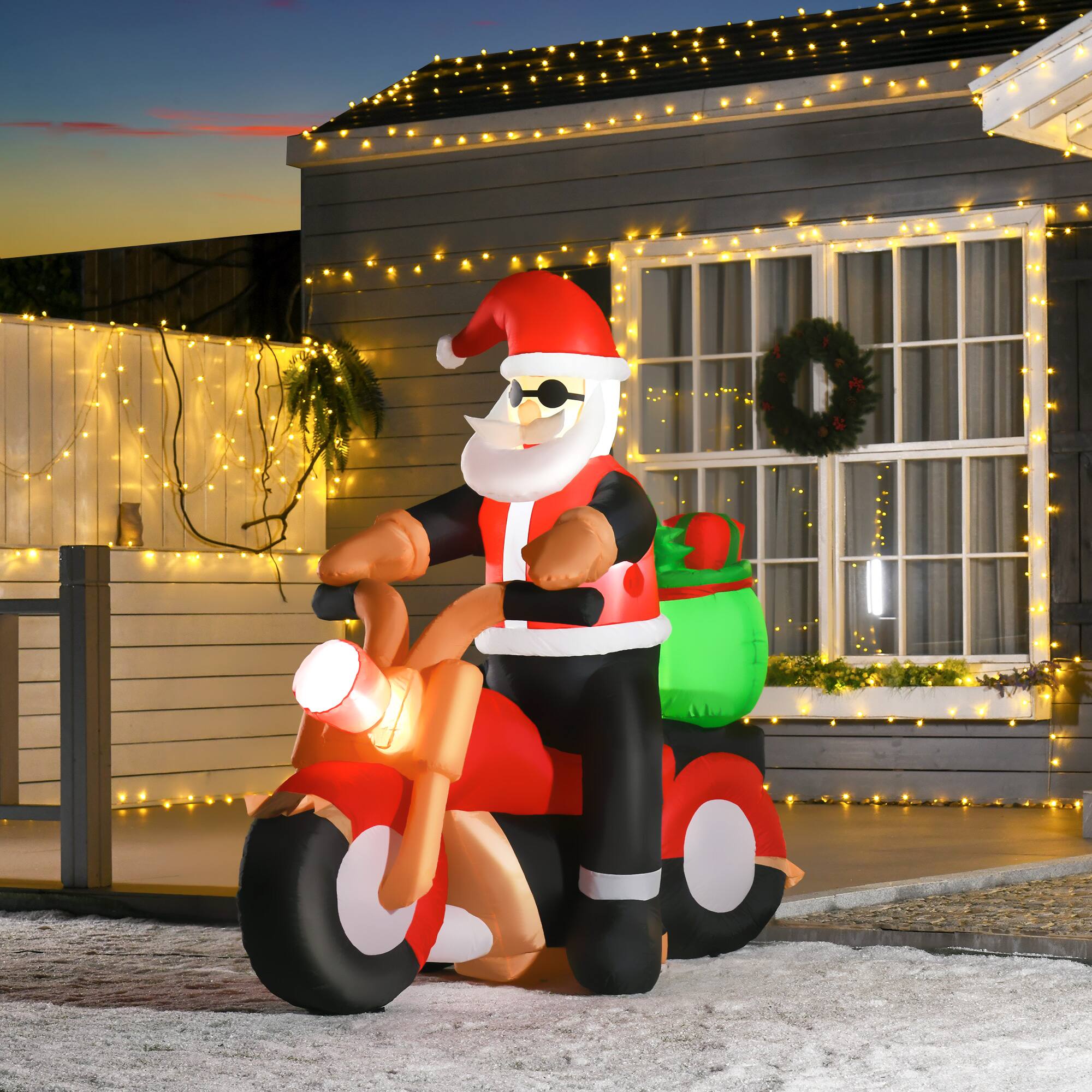 Alt View 1. Homcom - 6ft Inflatable Santa on Motorcycle with Toy Bag, Outdoor Blow-Up Yard Decoration with LED Lights - White, Red and Green.