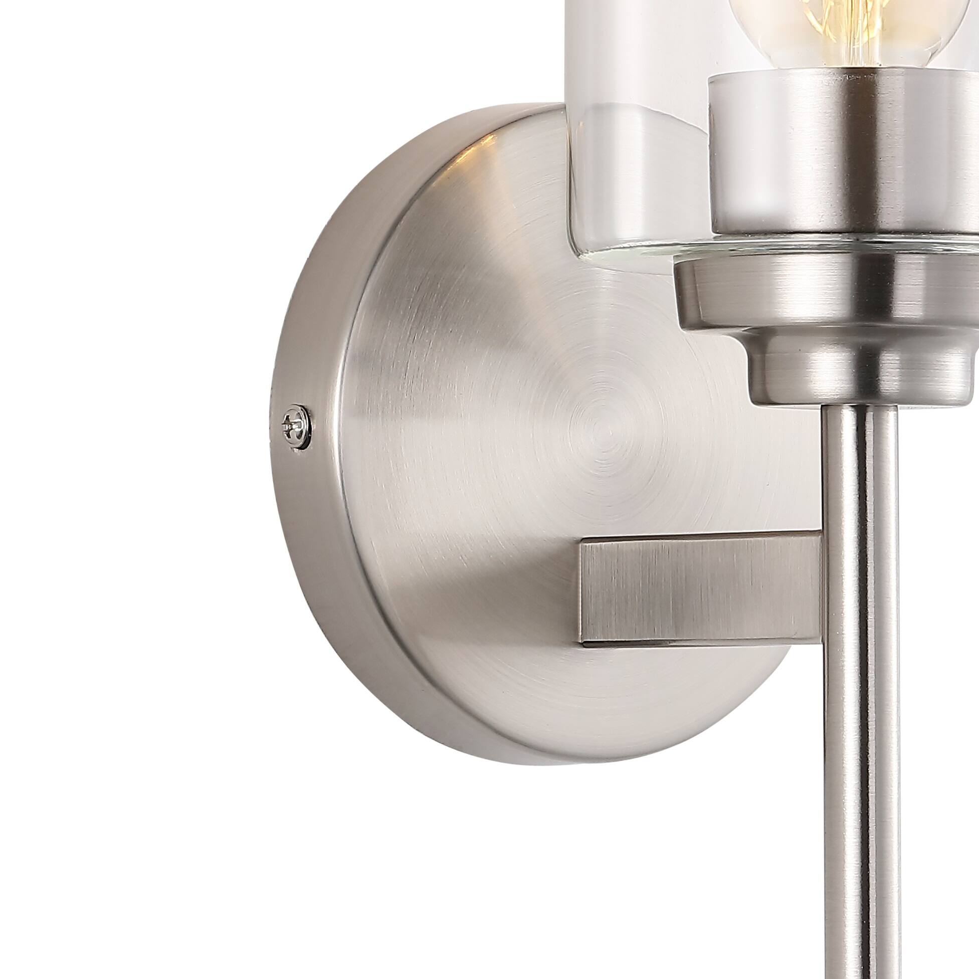 Alt View 4. Jonathan Y - Juno 13" 1-Light Farmhouse Industrial Metal/Glass Cylinder LED Sconce, Nickel/Clear - Nickel.