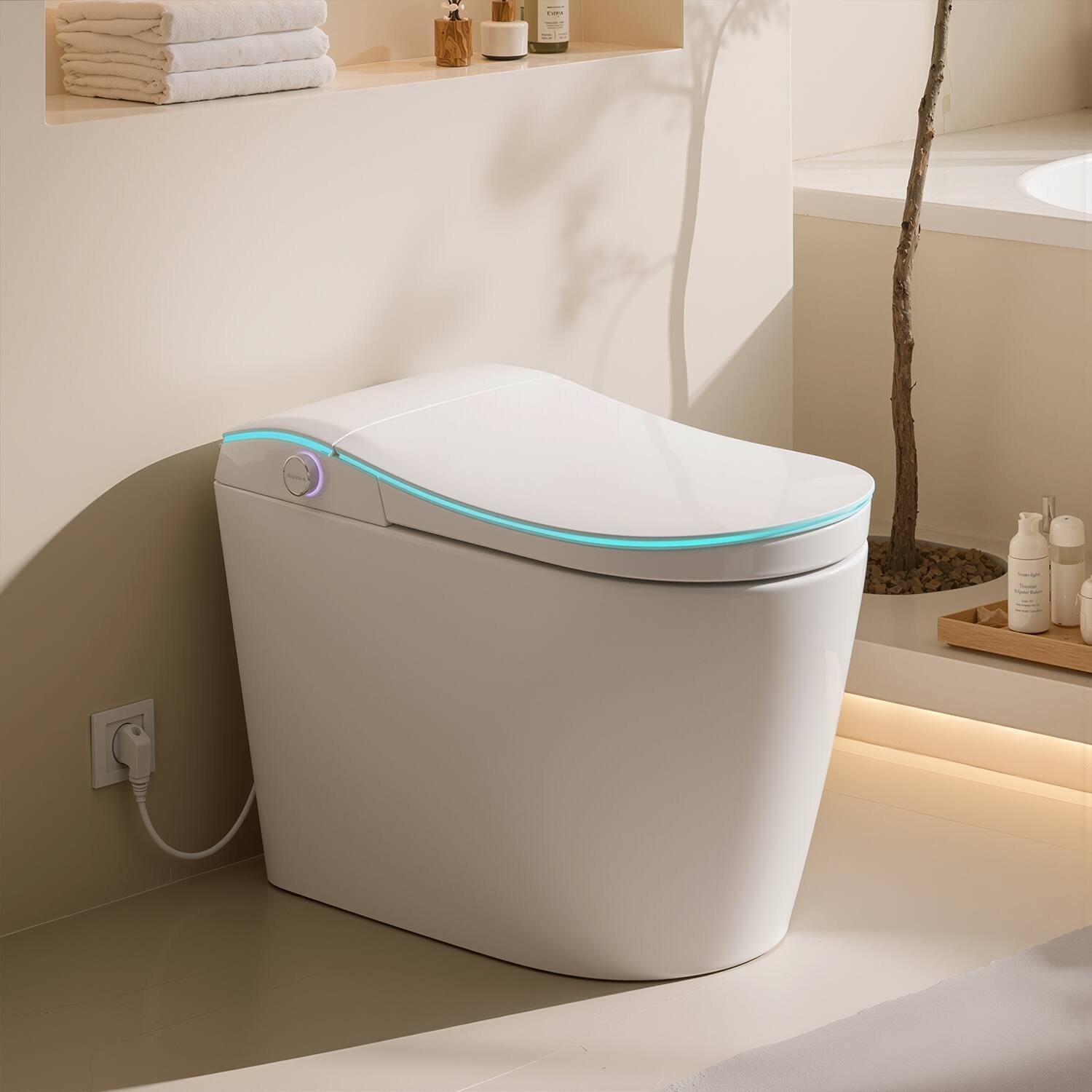 Angle. Famapy - Minimalist Touchless Smart Toilet with Auto Lid & Flush, UV-C Self-Clean Nozzle, Heated Seat & Quiet Dryer - White.