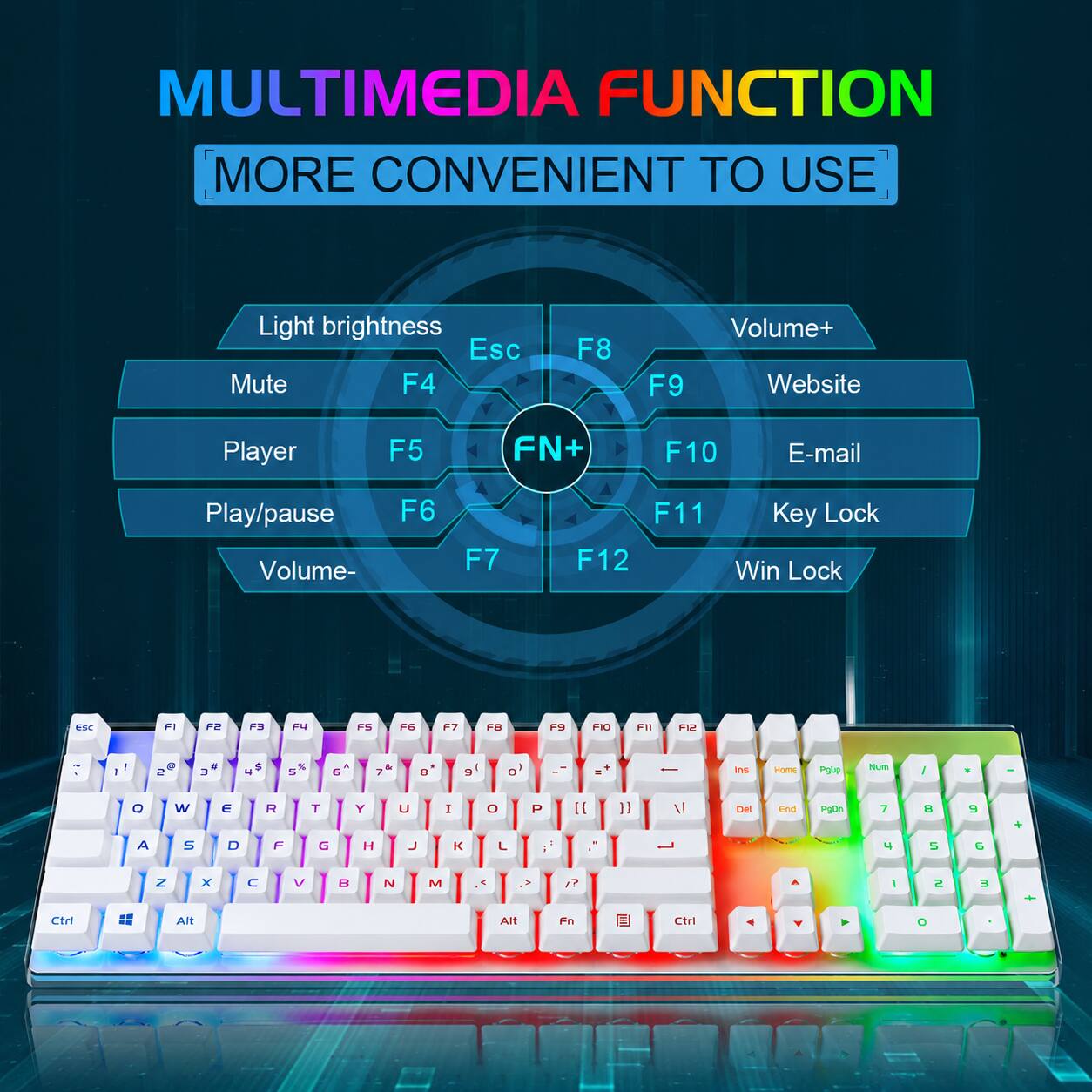MULTIMEDIA FUNCTION MORE CONVENIENT TO USE

Light brightness Esc F4
F8
F9
Volume+ Website
Player
F5
FN+
F10
E-mail
Play/pause Volume-
F6
F7
F11 F12
Key Lock Win Lock

ESC
F1
F2
F3
F4
F5
F6
F7
F8
F9
F10
F11
F12

I
!
@ 2
3
$
% 5
A 6
& 7
8
9
0

Ins
Home
PgUp
Num
I
3
-
Q
W
E
R
T
Y
U
I
O
P
Il
11
V
Del
End
PgDn
7
8
9
+
A
S
D
F
G
H

4
5
6
Z
X

V

N
M

I?
A
I
2
3
+
Ctrl
Alt
Alt
Fn
Ctrl