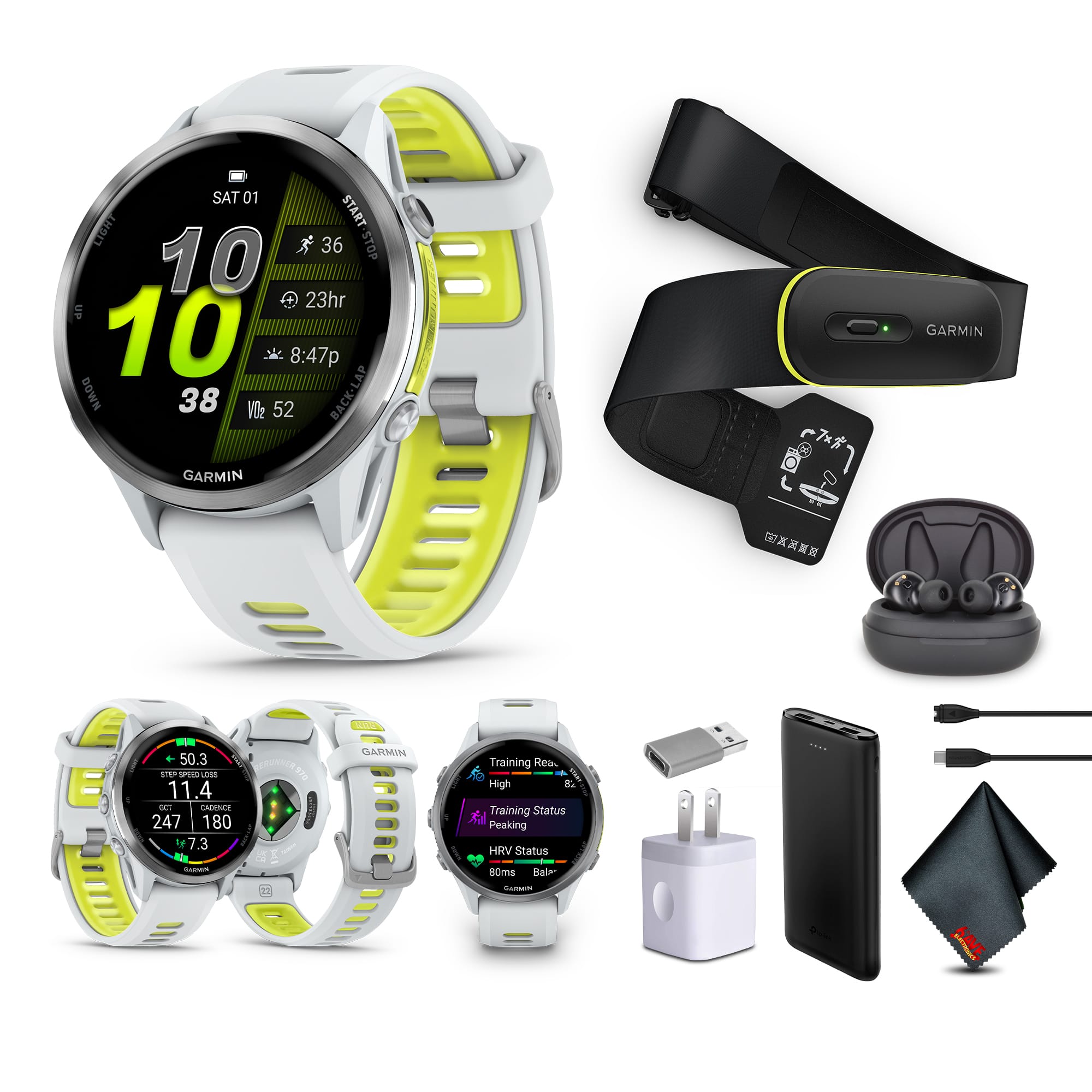 Garmin - Forerunner 970, Whitestone/Amp Yellow​​ , Air Pro Truly Wireless EarBuds - Yellow - (2025)