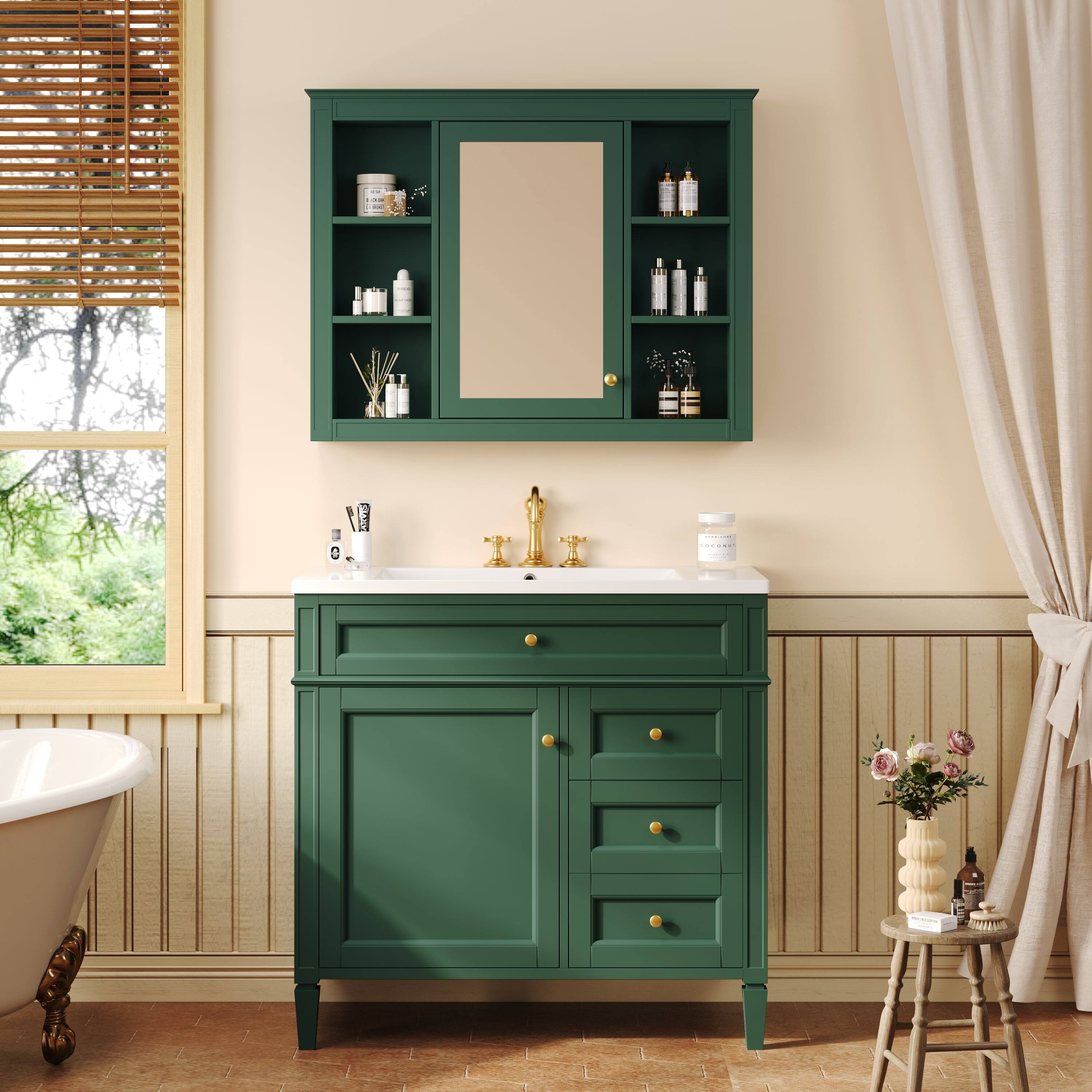 Alt View 1. Boyel Living - 36 Inch Bathroom Vanity Set with Mirror Cabinet Resin Sink 3 Drawers 2 Doors Green - Green.
