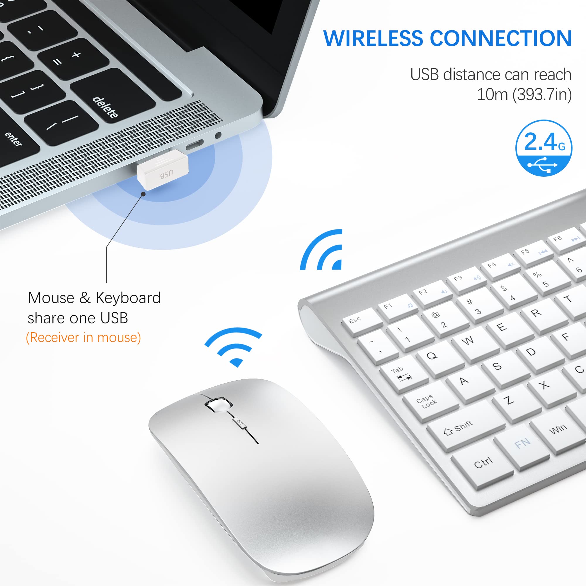 WIRELESS CONNECTION  
USB distance can reach 10m (393.7in)  
2.4G  
Mouse & Keyboard share one USB (Receiver in mouse)