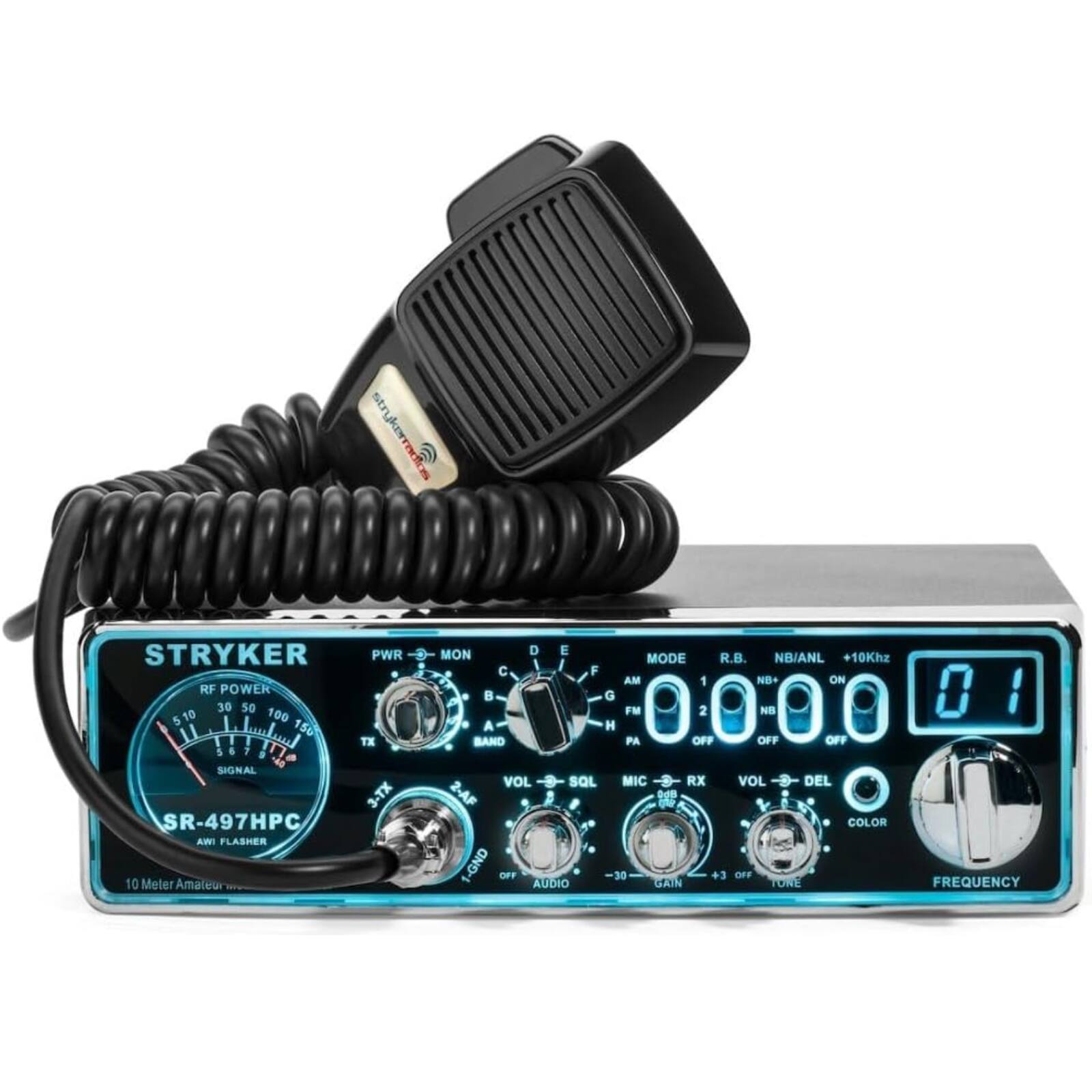STRYKER PWR RF POWER 30 50 510 100 1 150 TX 5 1 1 a -0 SIGNAL 3-TX SR-497HPC AIRT FLASHER 10 Meter Amateur MON D E MODE R.B. NB/ANL 10Khz F AM 1 NB+ ON . G FM 2 NB A H BAND PA OFF OFF OFF VOL SQL MIC RX VOL DEL 2-AF - COLOR 1-GND OT AUDIO 30 GAIN +3 OFF TORE 0 I FREQUENCY