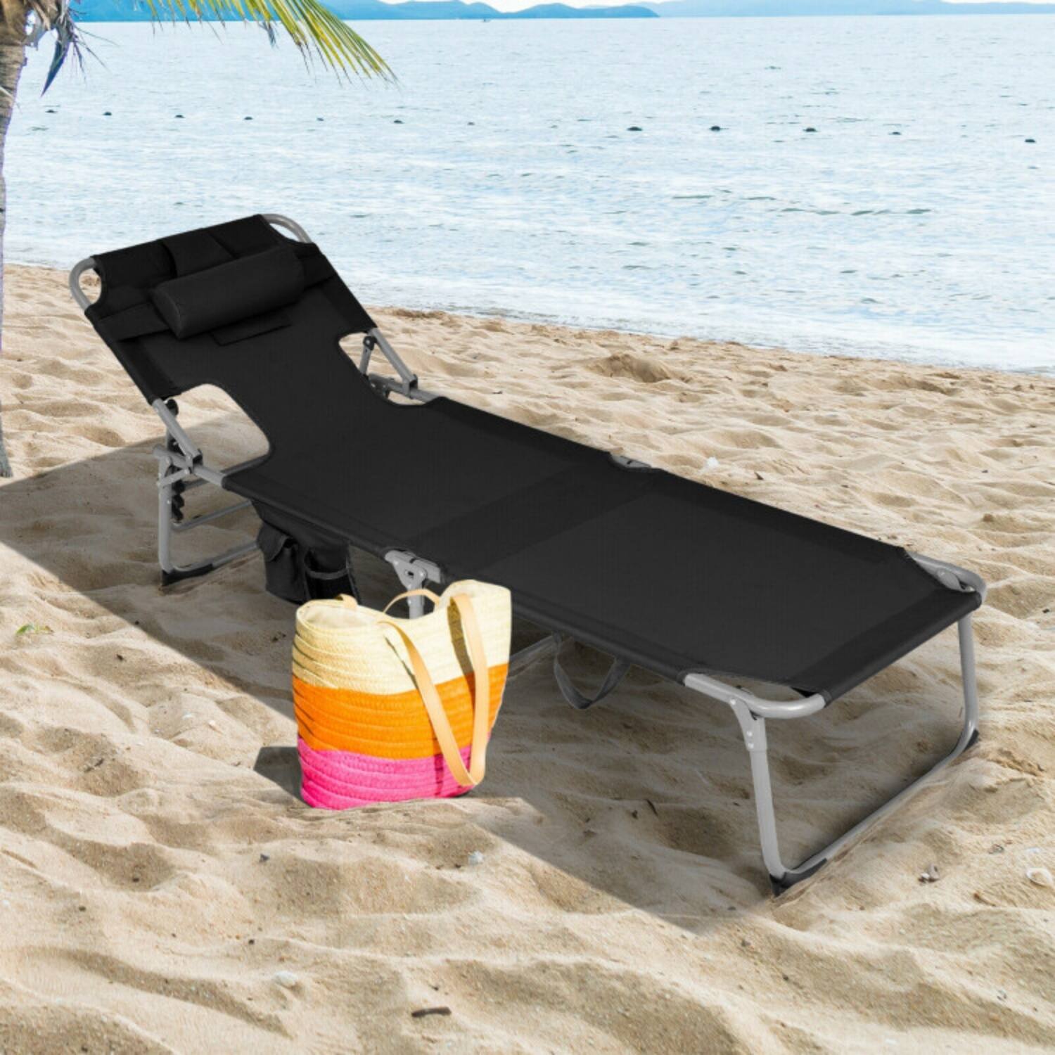 Alt View 1. Mondawe - Folding Beach Lounge Chair w Face & Arm Holes Adjustable Backrest Pillow & Carry Strap - Black.