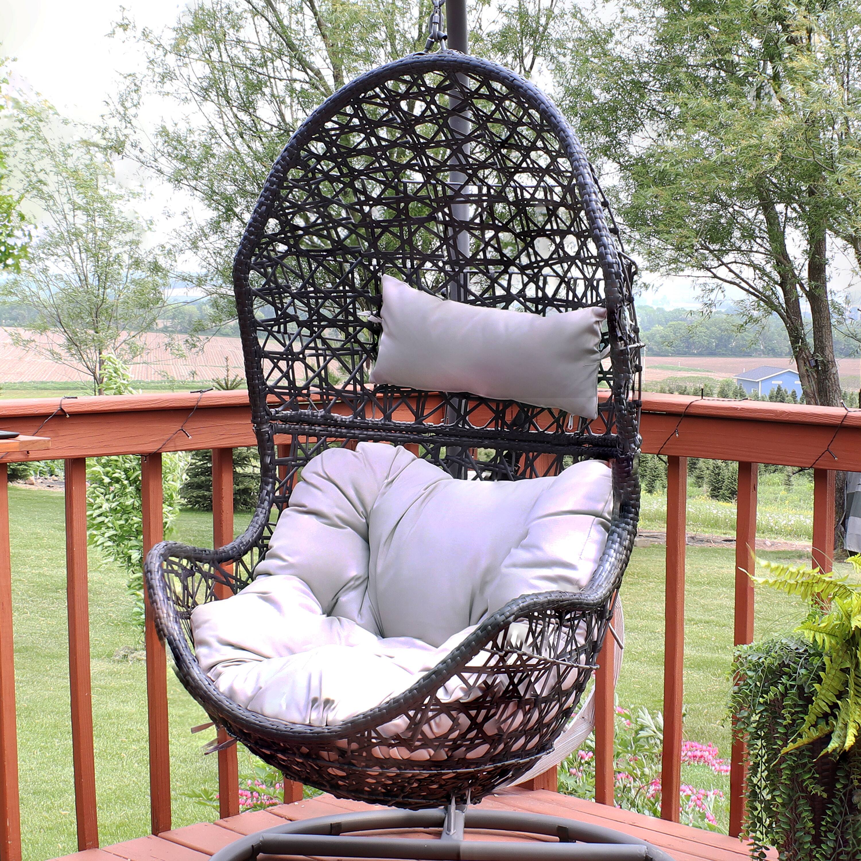 Alt View 3. Sunnydaze - Black Resin Wicker Basket Hanging Egg Chair with Cushions - Gray Cushions.