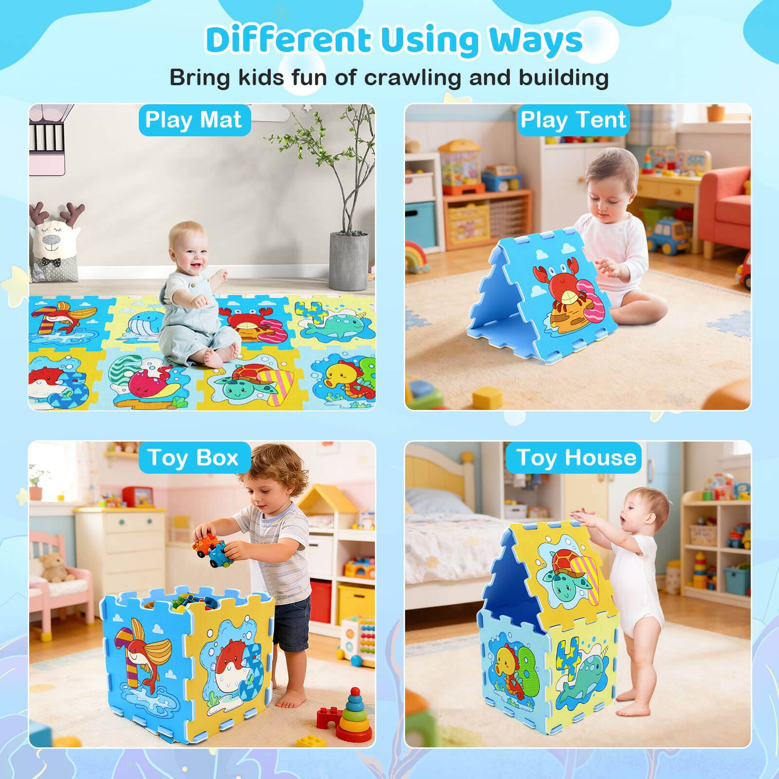 Different Using Ways  
Bring kids fun of crawling and building  

Play Mat  
Play Tent  
Toy Box  
Toy House