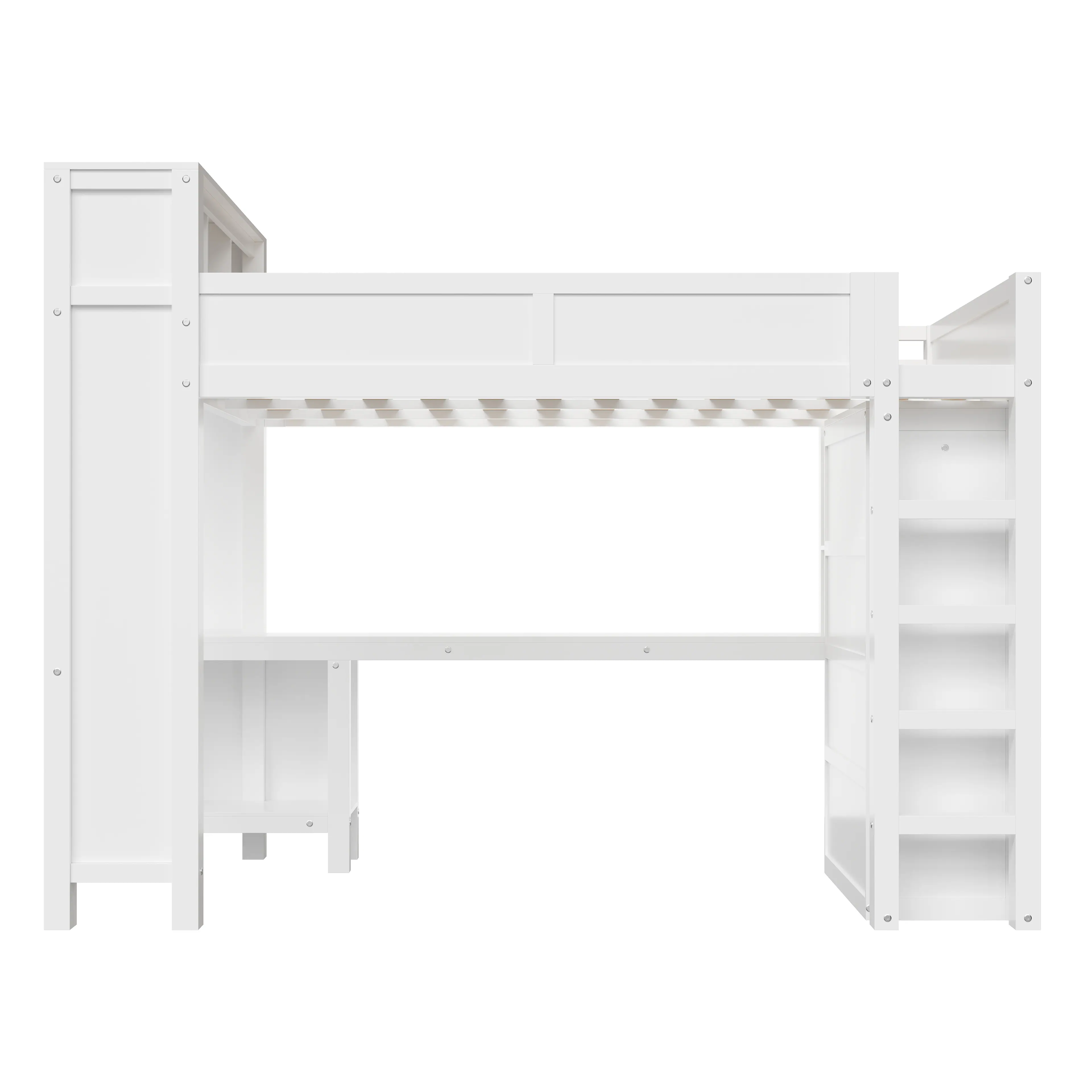 Back. Whisen - Queen Loft Bed with Wardrobe, Desk, and Headboard Storage, Wooden Bed Frame with USB Port and Shelving - White.