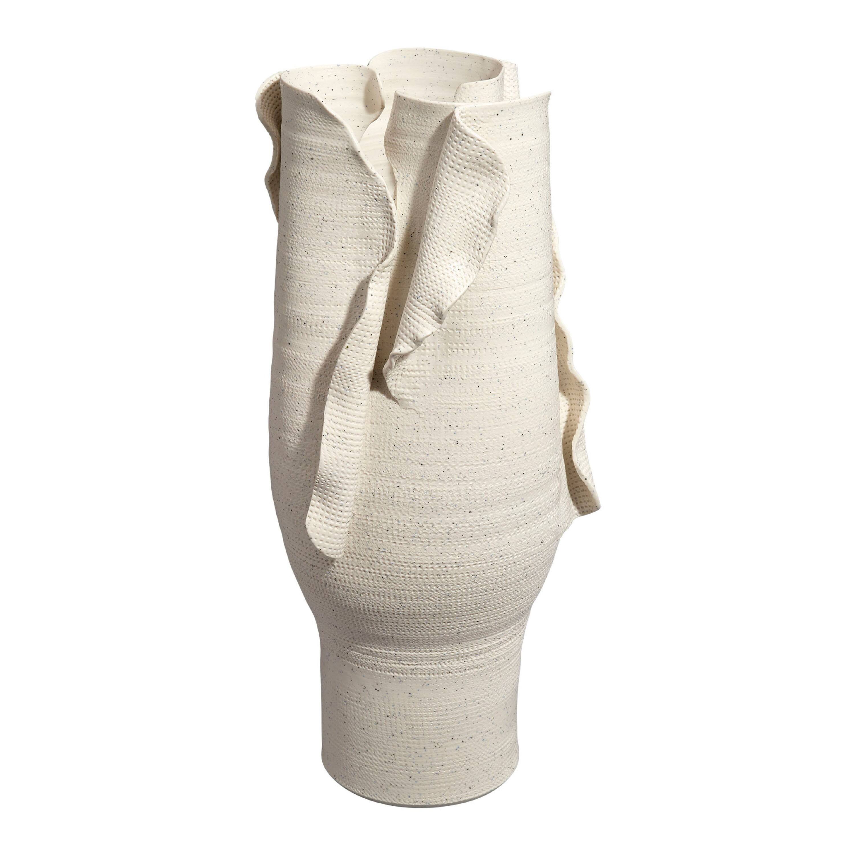 Angle. Manhattan Lane - Tio Modern Vase Vessel, Flowing Petal Folds,  Porcelain 19 Inch - White.